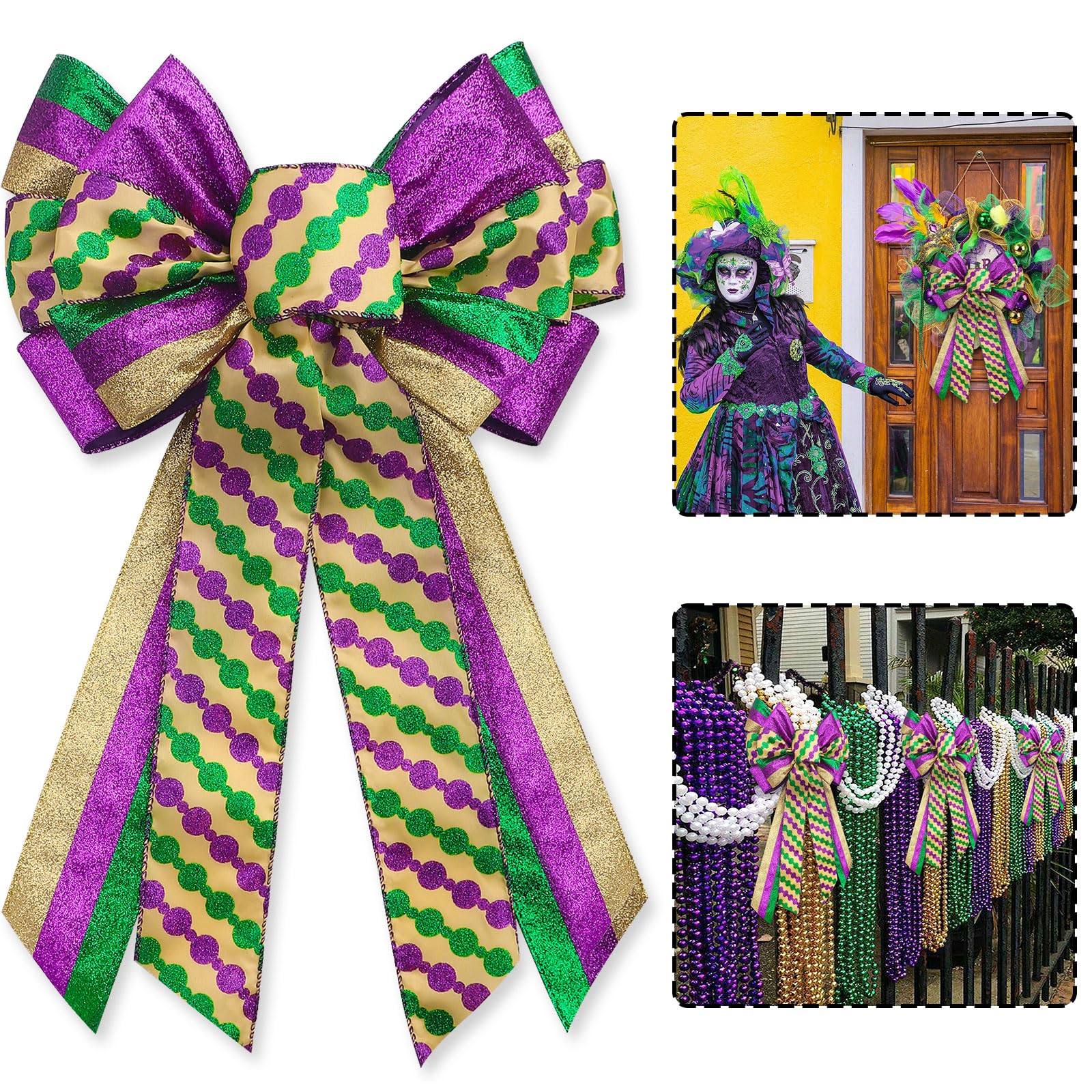 Large Mardi Gras Bow for Wreath, Elegant Glitter Mardi Gras Wreath Bow, Large Mardi Gras Tree Decorations Fat Tuesday Ornaments for Front Door Home New Orleans Party Decorations - Style F