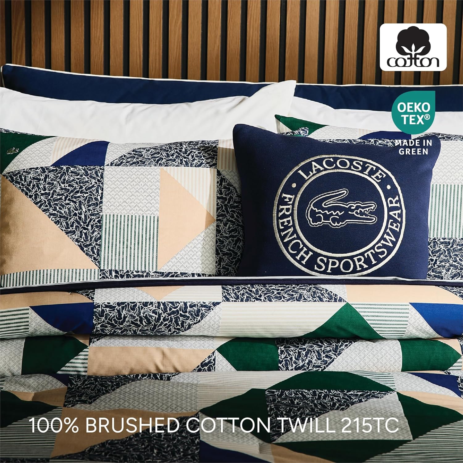Lacoste Signature Comforter Set – 100% Cotton Brushed Twill 215-Thread Count, Reversible Stripes, Down-Alternative All-Season Bedding with Embroidered Croc Logo, Oeko-TEX Certified, Green/Multi, King