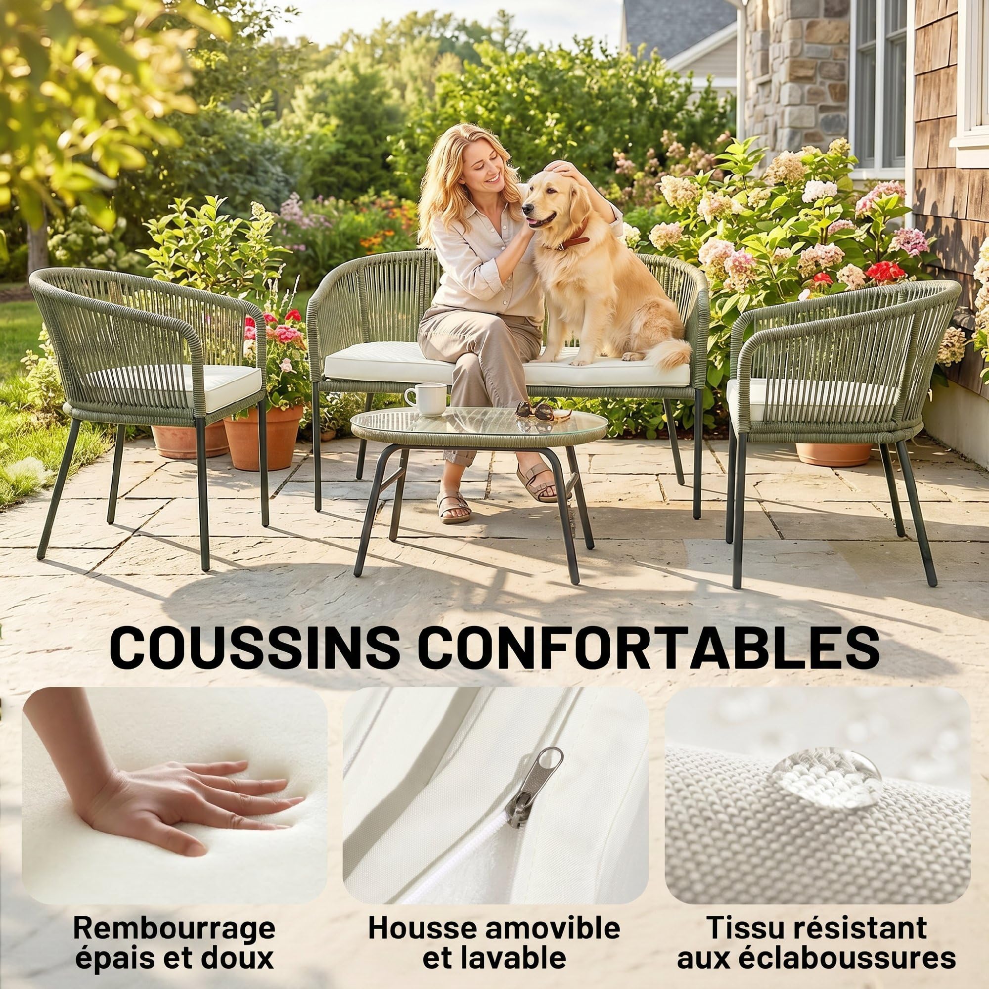Outsunny Salon de Jardin Extérieur 4 Places PP Rond Tressé Balcon Crème | Canapé 2 Places, 2 Fauteuils, Table Basse Verre Trempé, Mobilier de Jardin Terrasse, Coussins Déhoussables