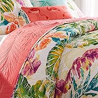 Vista 3 de Greenland Home Tropics Palm Leaves Coastal - Juego de edredón de mezcla de algodón, 3 piezas, matrimonial/queen, coral