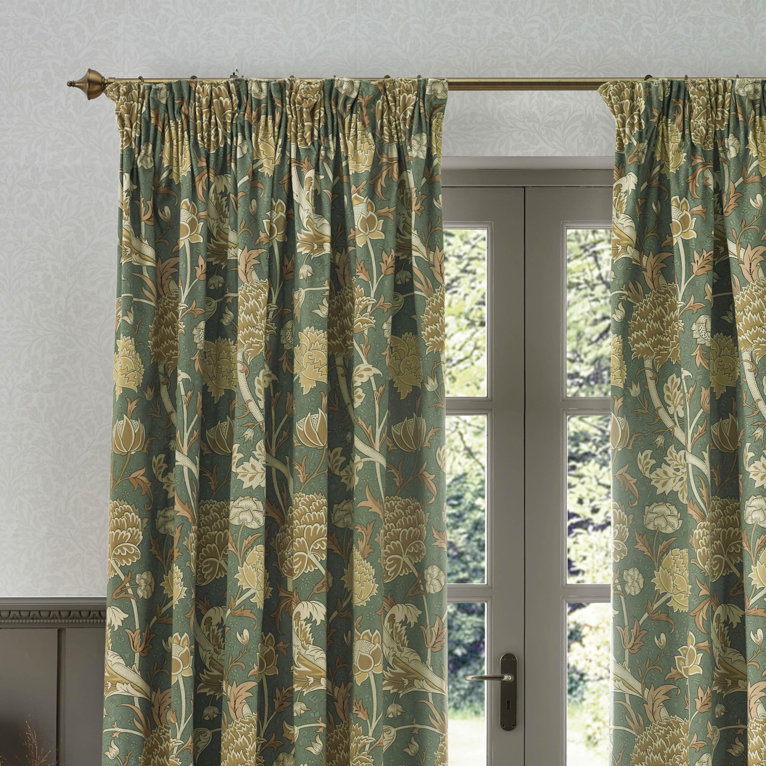 Morris&Co. Cray Pencil Pleat Curtain Pair - Lined Velvet Floral River-Inspired Drapes (Sage/Sunflower - 117x183cm) - Image 3
