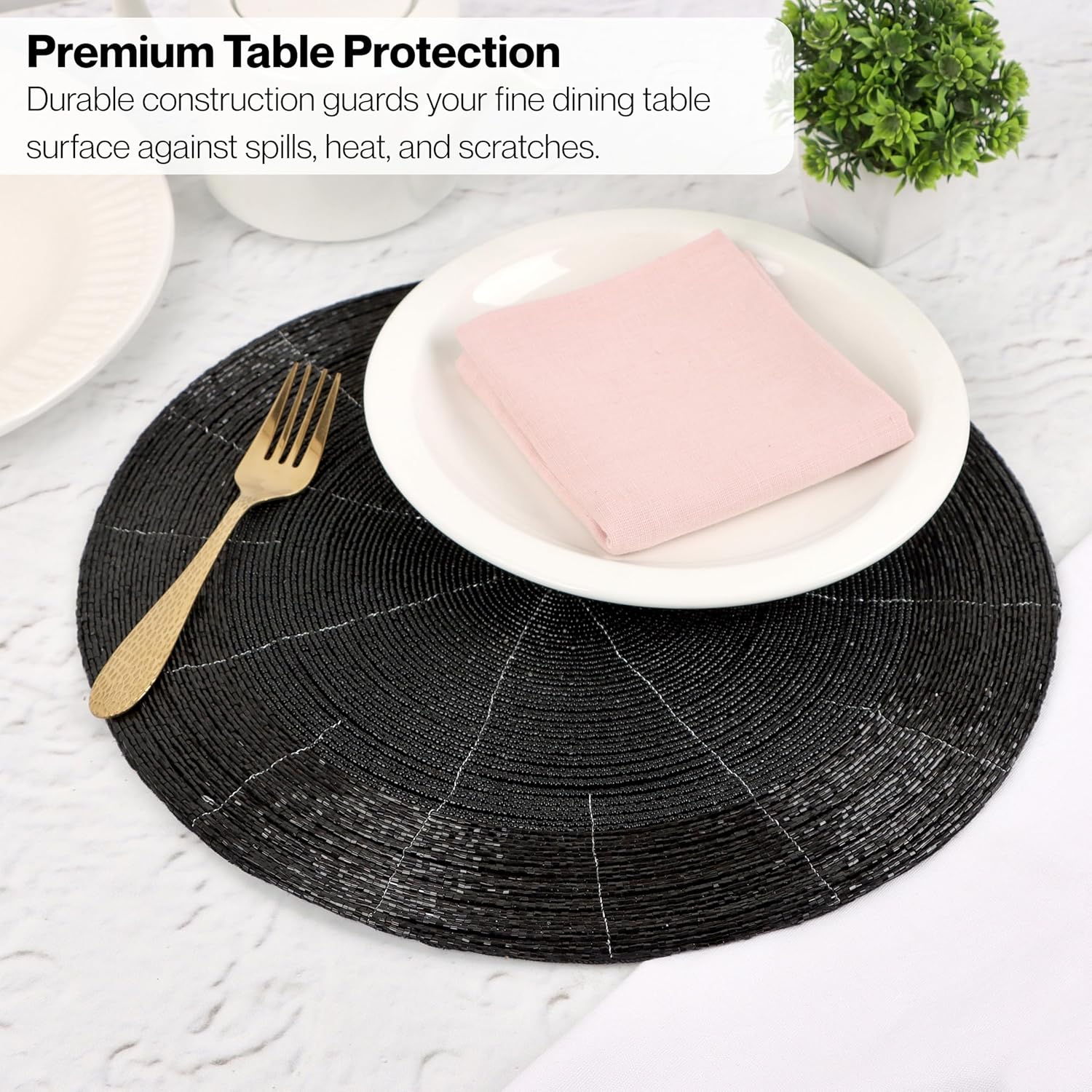 Beaded Round Placemats Set of 4 - Rustic Placemats for Dining Table 13 Inches - Placemats for Family, Party, Dining Room, Decorations, Wedding, Kitchen, Office, Home Decor (Black) - ALPHA Living HOME