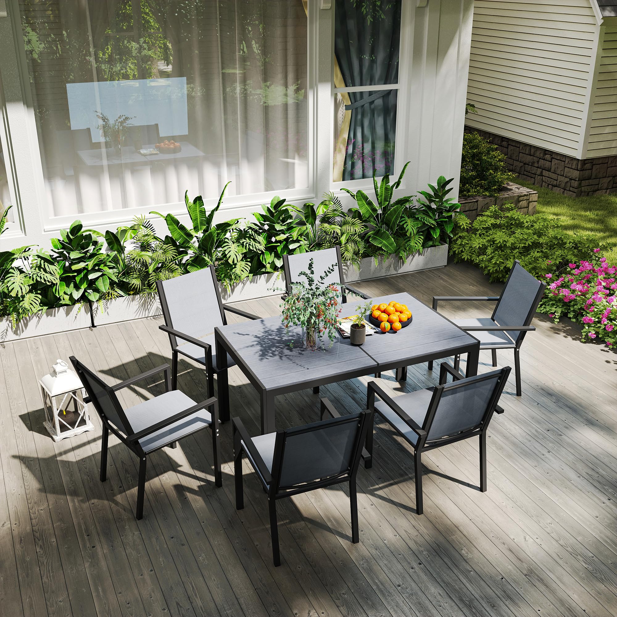 Outsunny Conjunto de Mesa y Sillas Jardín de 7 Piezas, Muebles de Jardín Exterior con 6 Sillas Apilables, Mesa con Encimera de Madera Plásticay Marco de Acero, para Terraza, Patio, Caqui y Marrón