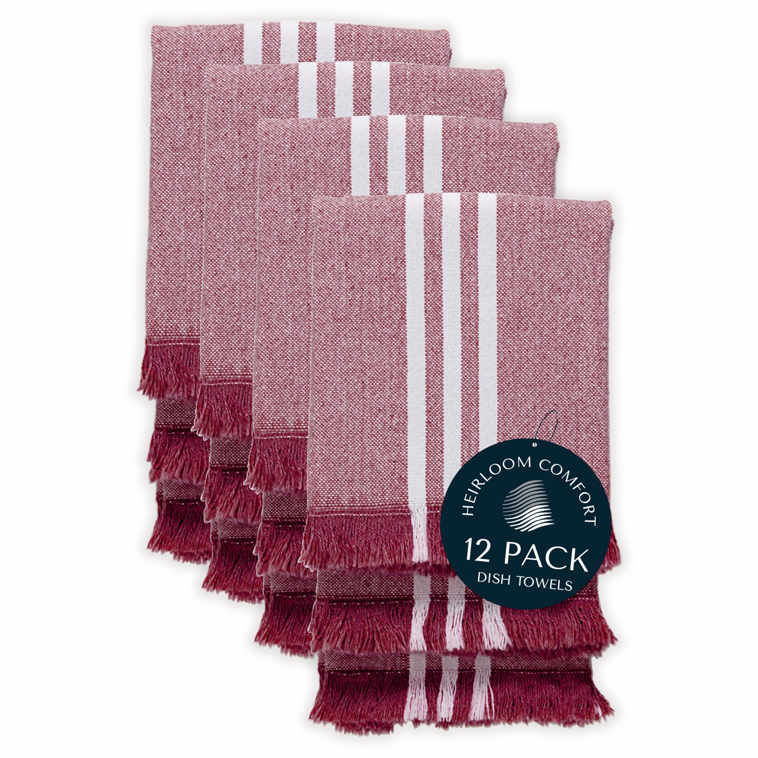 HEIRLOOM COMFORT Monochrome Stripe Kitchen Towels 12 Pack, 100% Cotton, 40x66 cm, Absorbent & Quick Dry, Washable Dish Towels for Drying Dishes & Wiping Counters, Reusable, Easy Care, Burgundy Wine