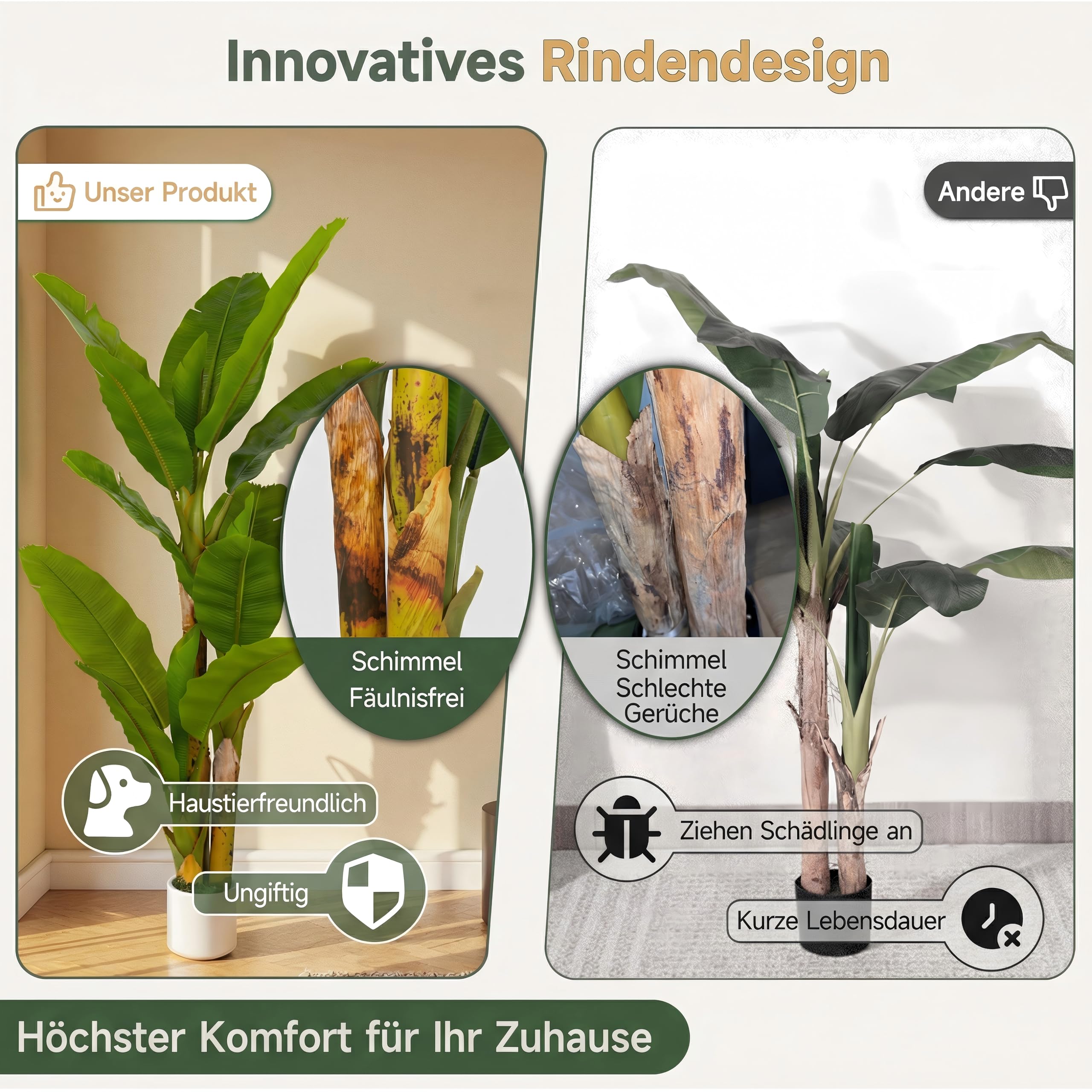 Künstlicher Bananenbaum 180cm groß Künstliche Bananenpalme wie echt Kunstpflanze XL Zimmerpflanze für Wohnzimmer Deko Real-Touch Blätter Großer Kunstbaum Büro Haustierfreundlich Dekopflanze