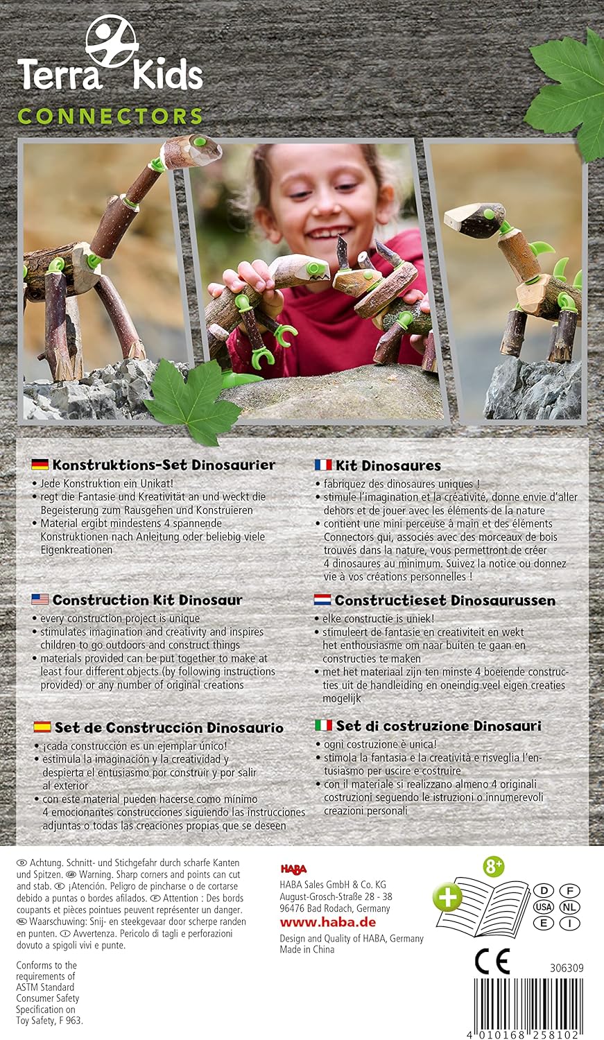 HABA Terra Kids Connectors Dinosaur Kit - Outdoor Play - 8 Years and Up - 306309, 306309, Multi-Coloured