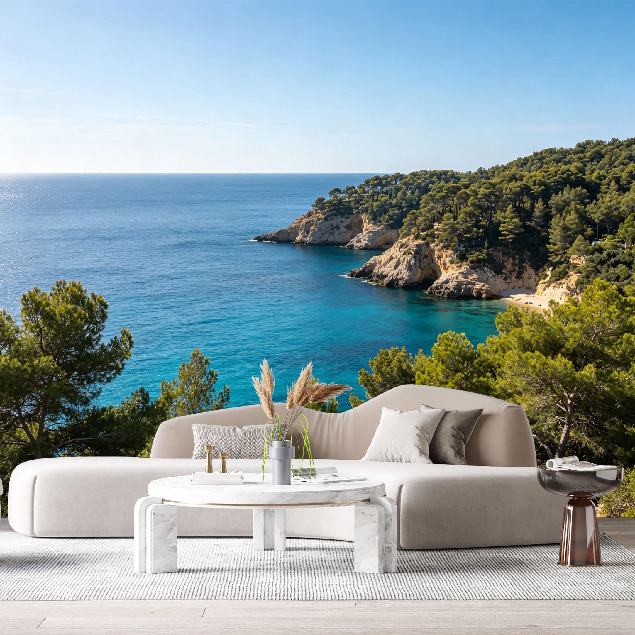 Custom Size Wall Murals Mediterranean Coastal Landscape Pine Tree Blue Ocean Cliff SelfAdhesive Wall Fabric Removable Large Wallpaper for Photo Living Room