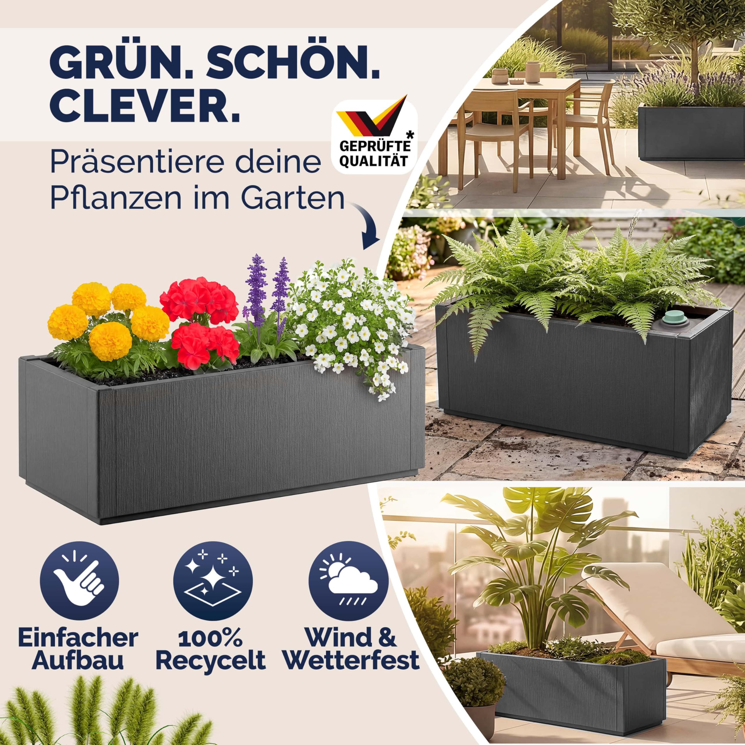 Casaria® 2X Blumenkasten 'Ethica' 80L 80x36x35cm Ablaufboden Kunststoff Winterfest Garten Pflanzkübel Übertopf Pflanzkasten Blumenkübel Anthrazit