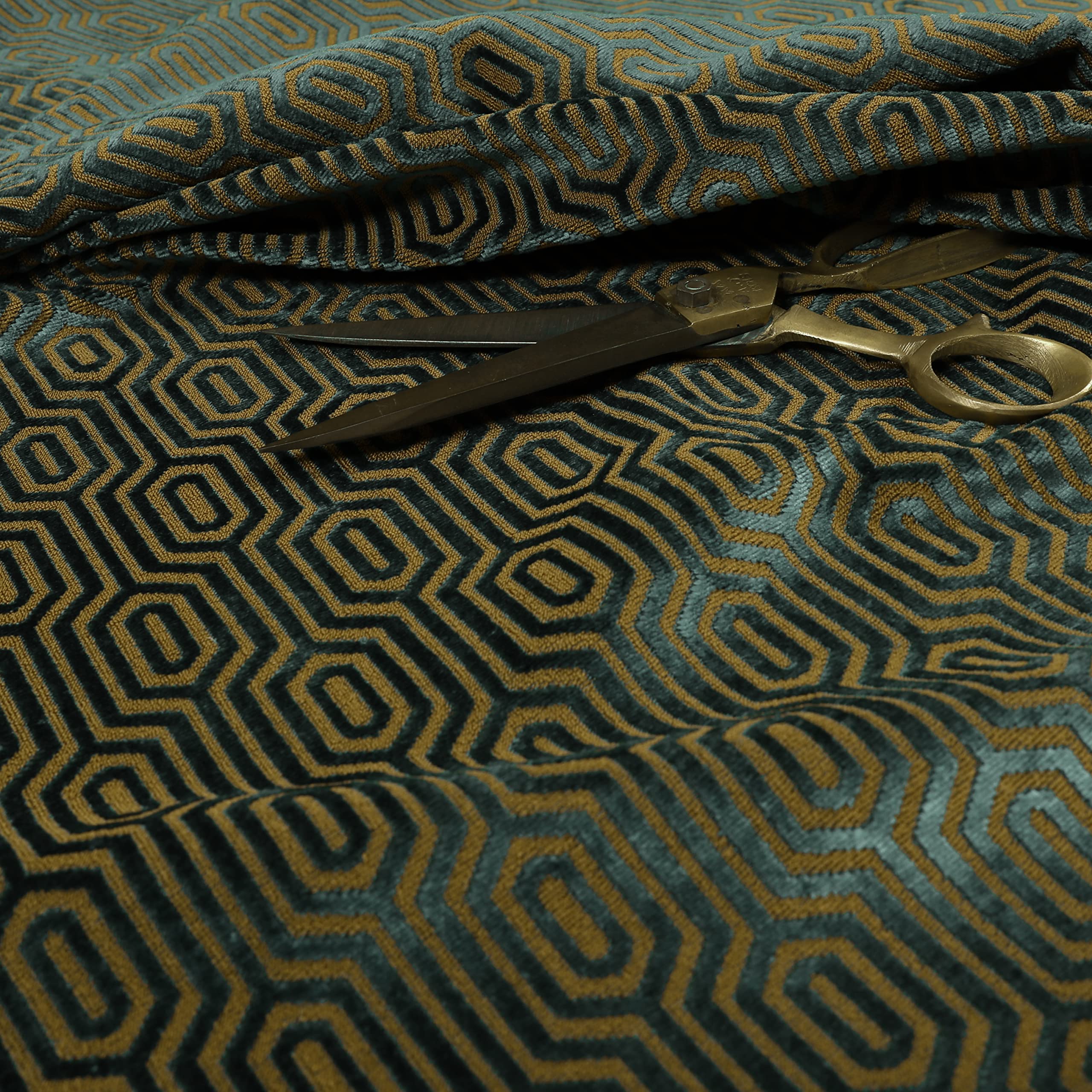 Redbrick Mill Fabrics Flame Retardant Geometric Pattern Velvet Upholstery Fabric by The Metre for Curtains, Chairs and Soft Furnishings, Brown Teal (Per Metre) โ image 1