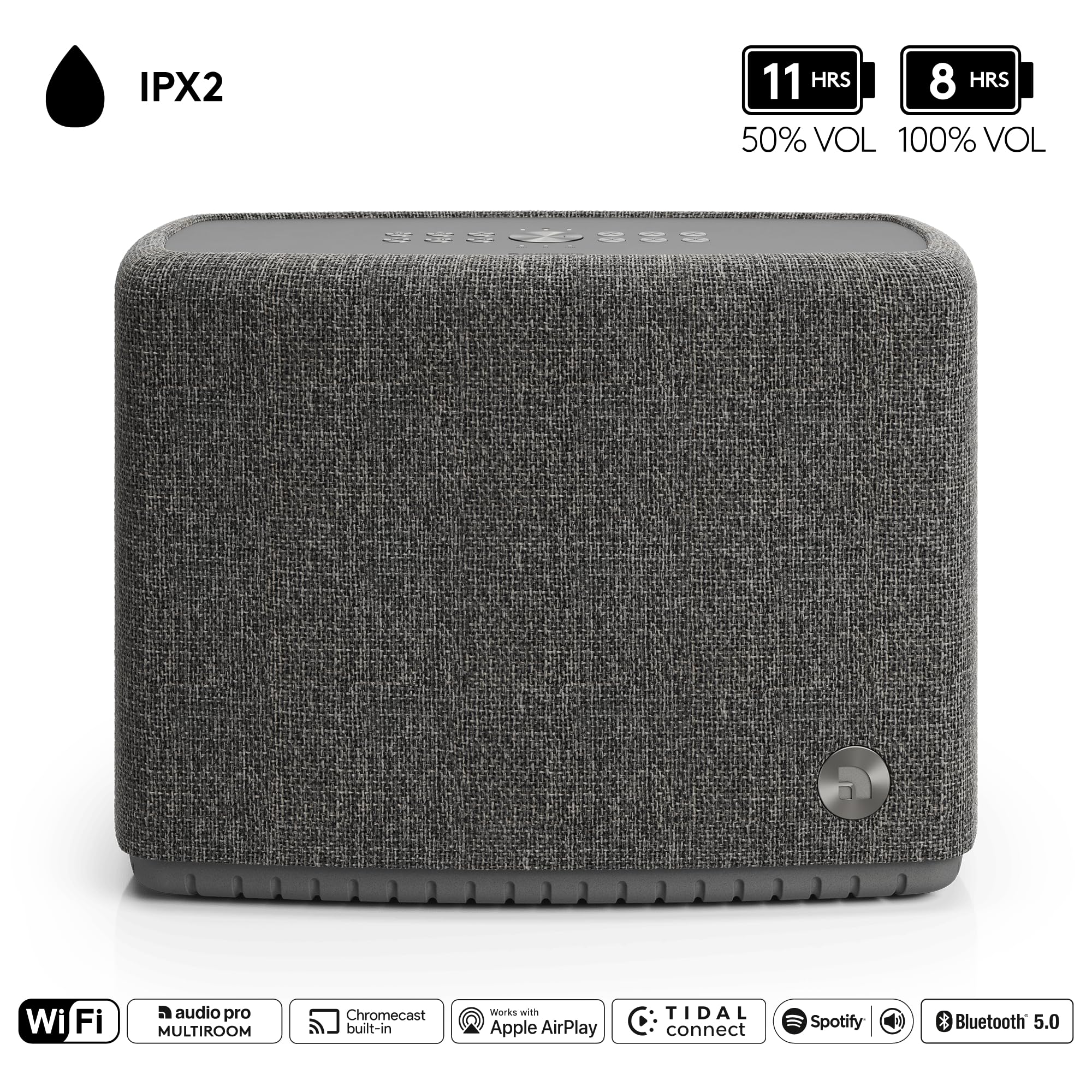 Audio Pro Cassa Wireless Bluetooth e Wifi Multiroom Potente - Speaker con AirPlay2, Google Cast, Spotify Connect e HiFi - Waterproof IPX2 - Altoparlante da Esterno A15 - Grigio Scuro