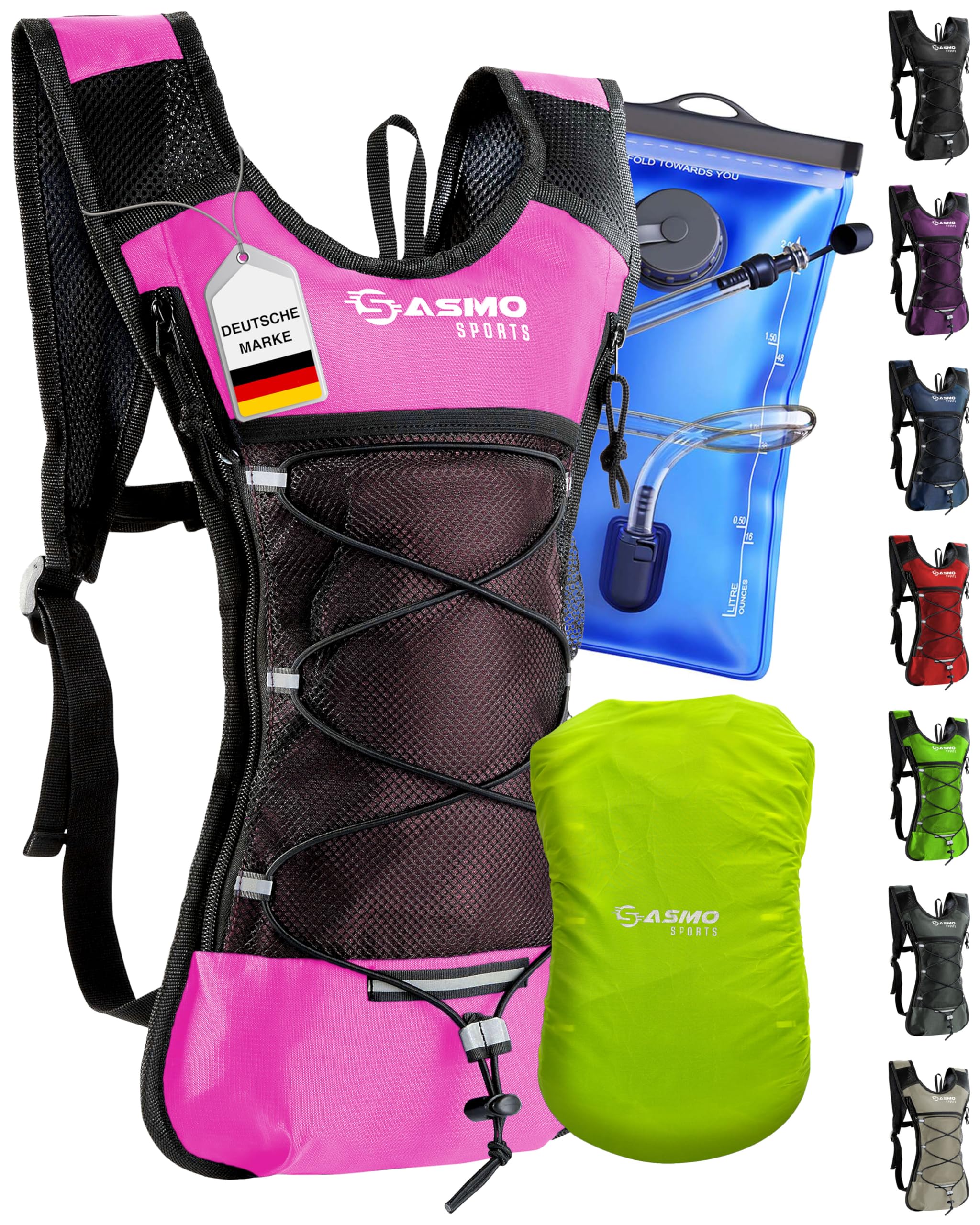SASMO® Trinkrucksack (Pink) mit Thermofach | Trinkrucksack Laufen - Ultraleicht 300g & 6L | Laufrucksack mit Trinkblase 2l, BPA-Frei | Rucksack mit Trinkblase & Reflektoren | Laufen, Fahrradfahren