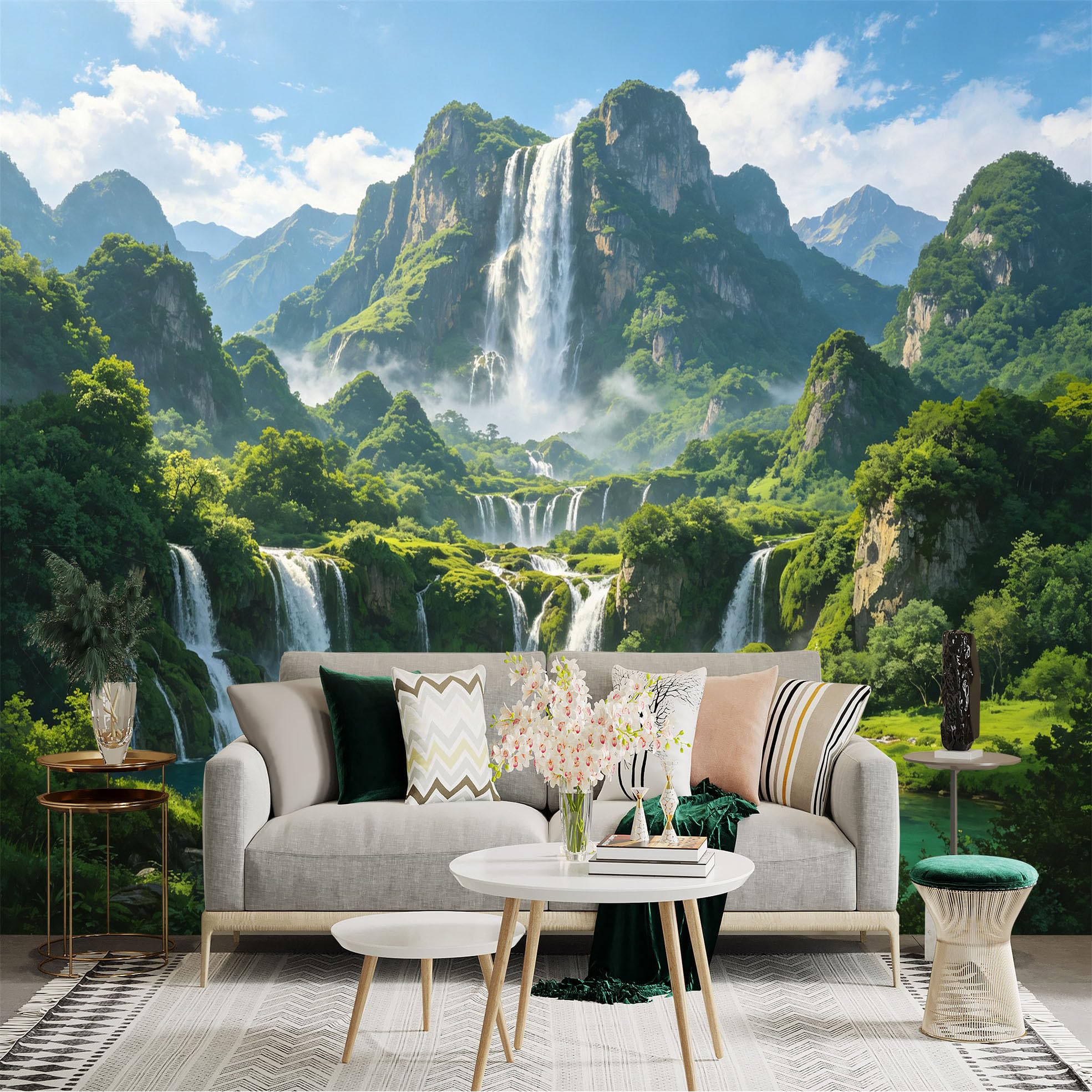 Custom Size Wall Sticker Mural， Majestic Waterfall in Lush Green Mountains， Tropical Forest Scenery， Serene Blue Lake， for wall Decoration， peelandstick wall Decals.