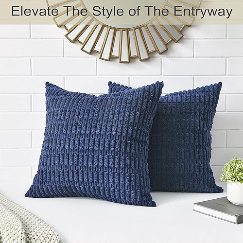 Miniatura 3 de Volcanics Paquete de 2 fundas de almohada decorativas azul marino de 18 x 18 pulgadas, fundas de cojín cuadradas de pana suave a rayas, decoración