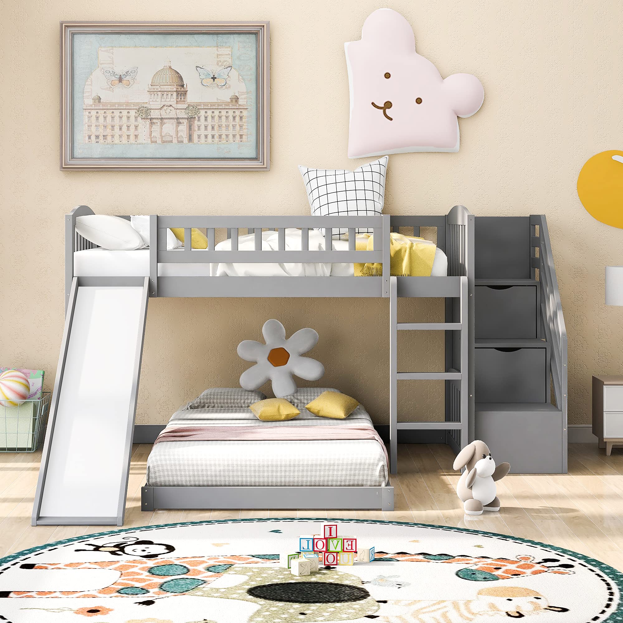 Goohome Twin Over Twin Bunk Bed with Stairway Storage, Low Bunk Bed Frame with Storage Drawers Stairway Wood Bunk Bed with Slide for Boys Girls