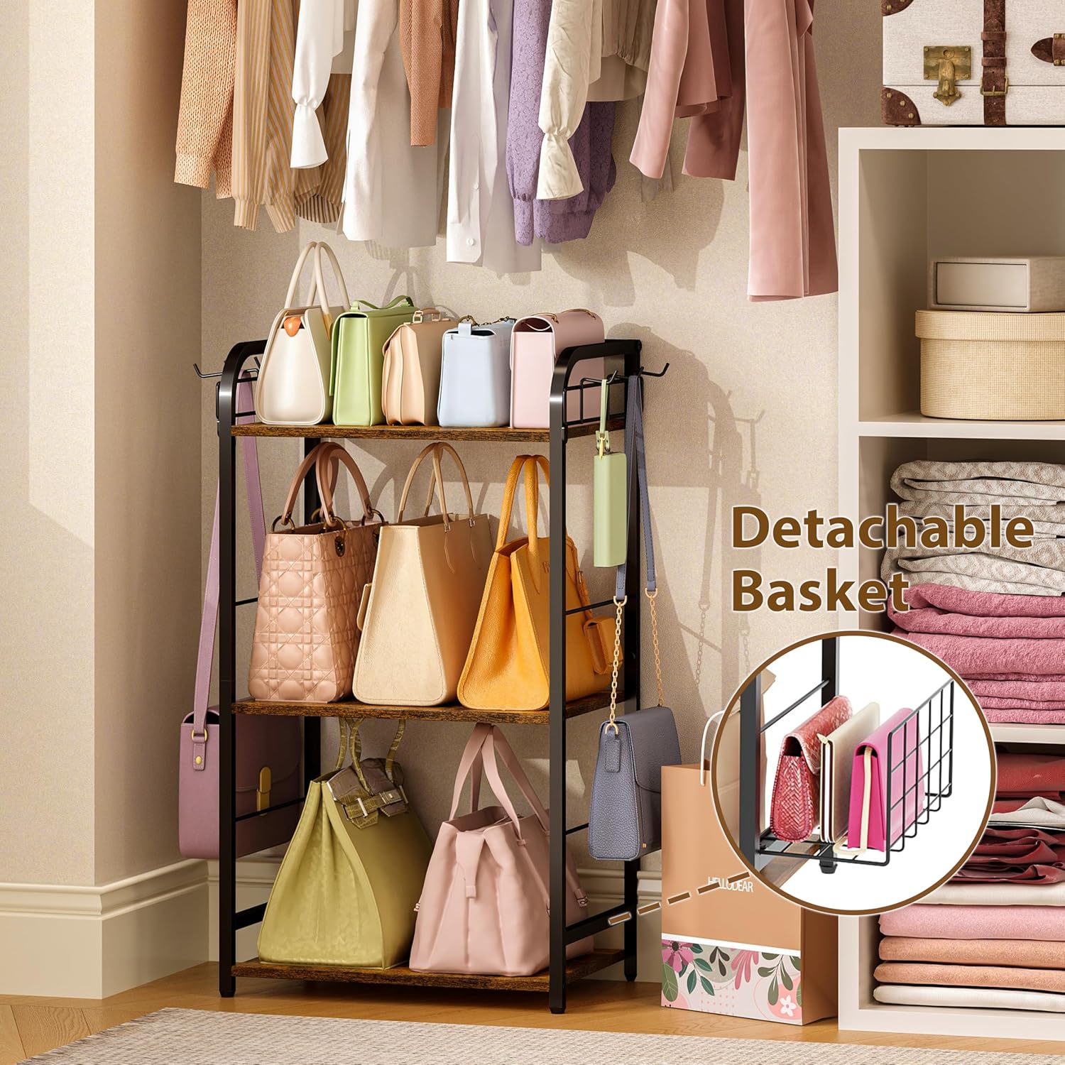 Iron & Wood Floor-Standing 3-Tier Purse Rack with Adjustable Feet, High-Capacity Bag Organizer for Closet, Patent Pending - Image 5