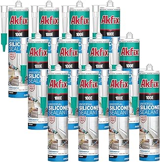 Akfix 100E RTV Black Silicone Caulk (12x10.1 fl.oz.) - 100% Waterproof Silicone Sealant for Kitchen and Bathroom, Shower, Toilet, Sink, Window and Door, UV Resistant, Flexible | Black, 12 Pack