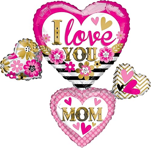 Globo de fiesta de 36 pulgadas con forma de corazón rosa y dorado con texto "I Love You Mom"