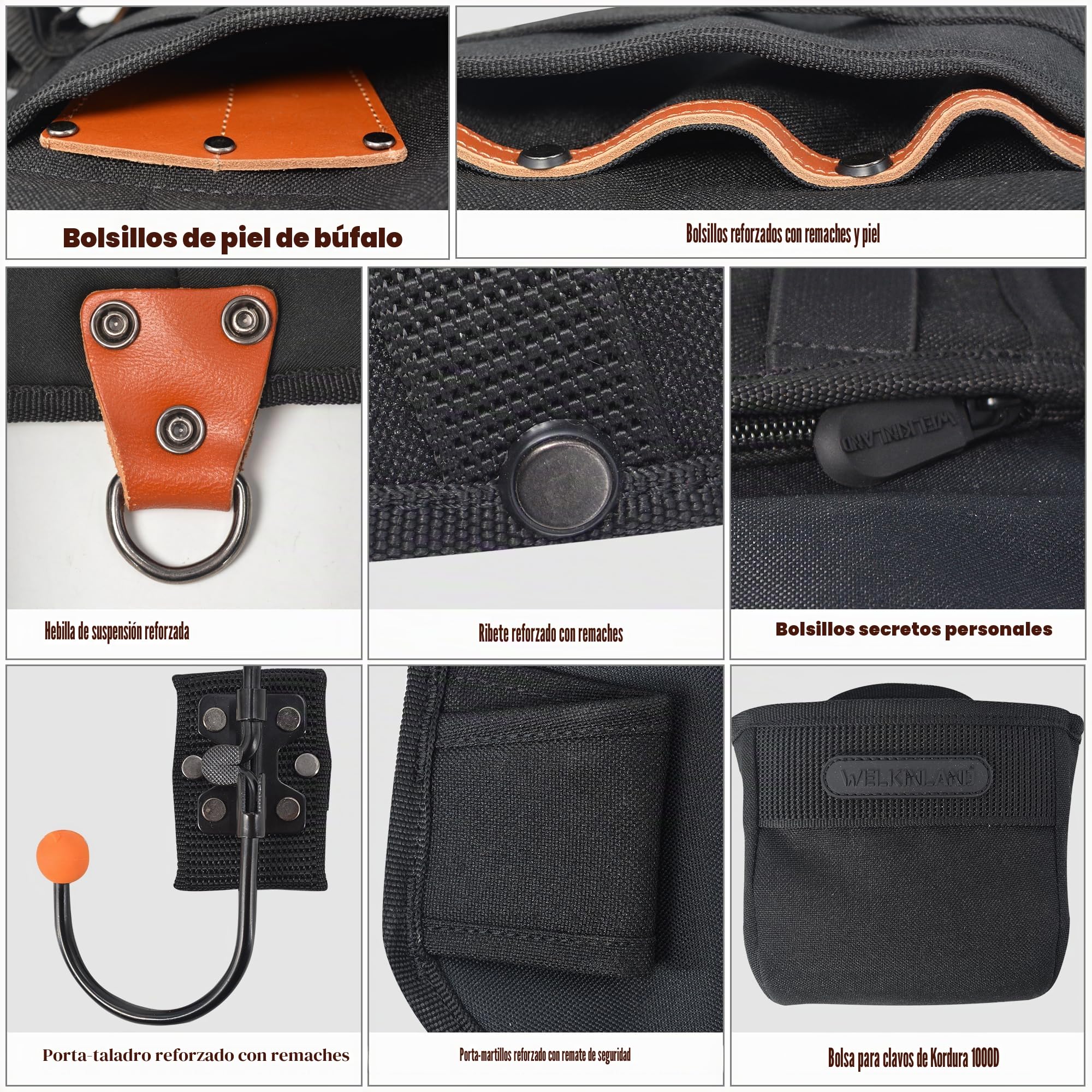 WELKINLAND parte superior-G - Chaleco de herramientas de piel para hombre, electricista, construcción y carpinteros con múltiples bolsillos, Negro -, Large