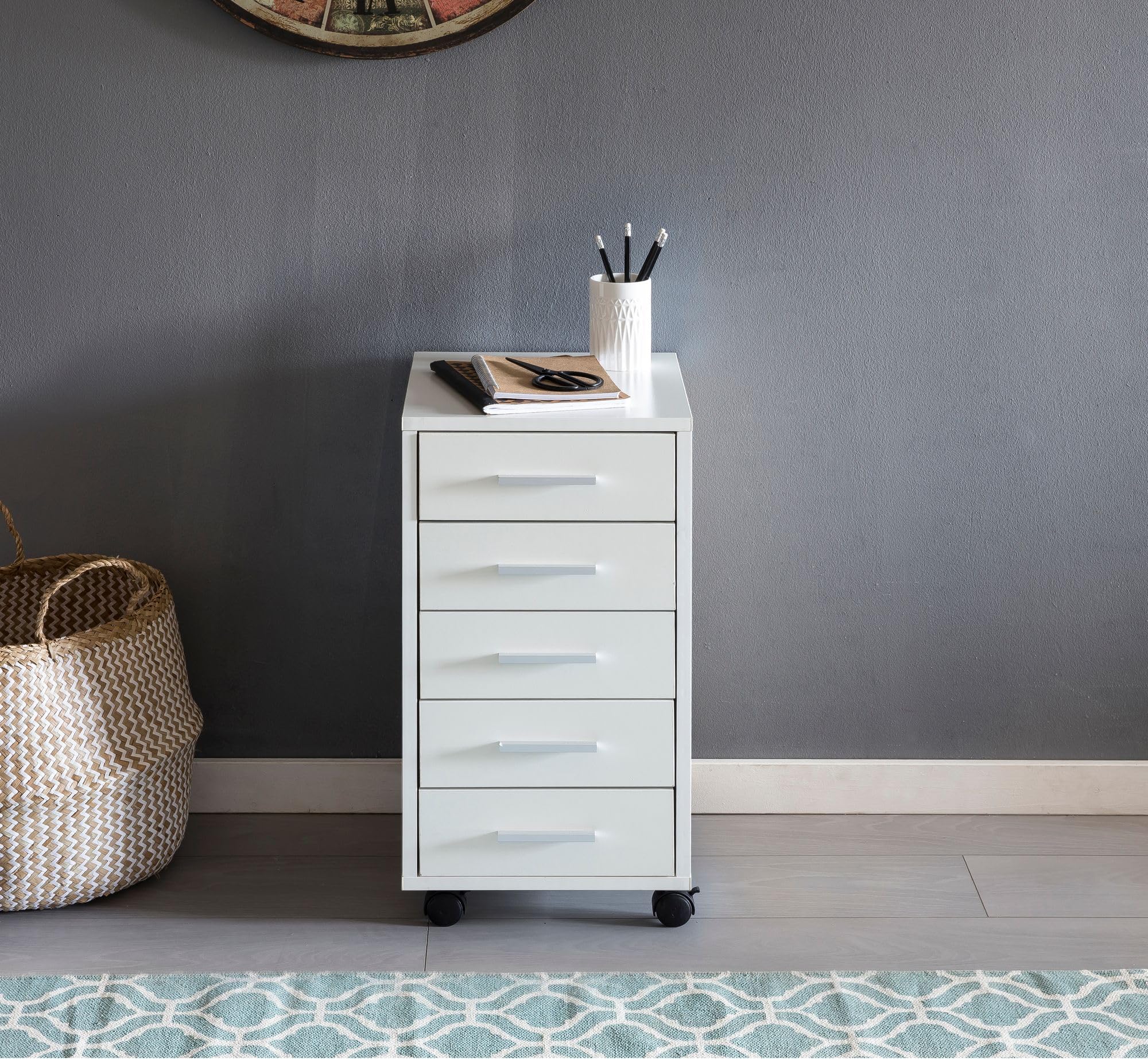 FineBuy Rollcontainer Weiß 33 x 63 x 38 cm Holz Schubladenschrank Schreibtisch, Büro Schrank mit 5 Schubladen, Container Rollschrank klein Standcontainer schmal, Schreibtischcontainer mit Rollen