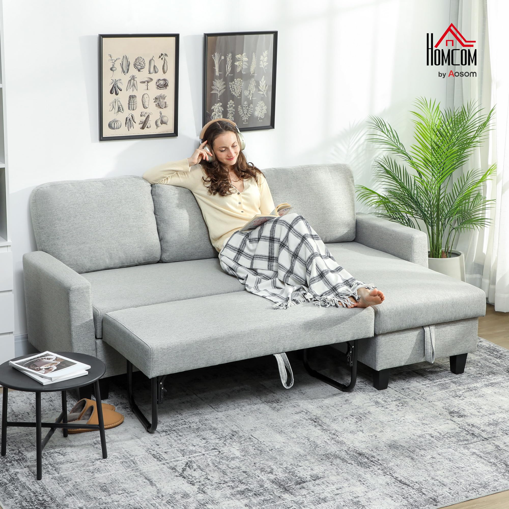 HOMCOM Sofá Cama Chaise Longue de 3 Plazas Reversible Tapizado en Lino Gris | Ambos Lados con Almacenaje, Sofá Cama Esquinero Desplegable, Fundas de Cojines Removibles, para Salón