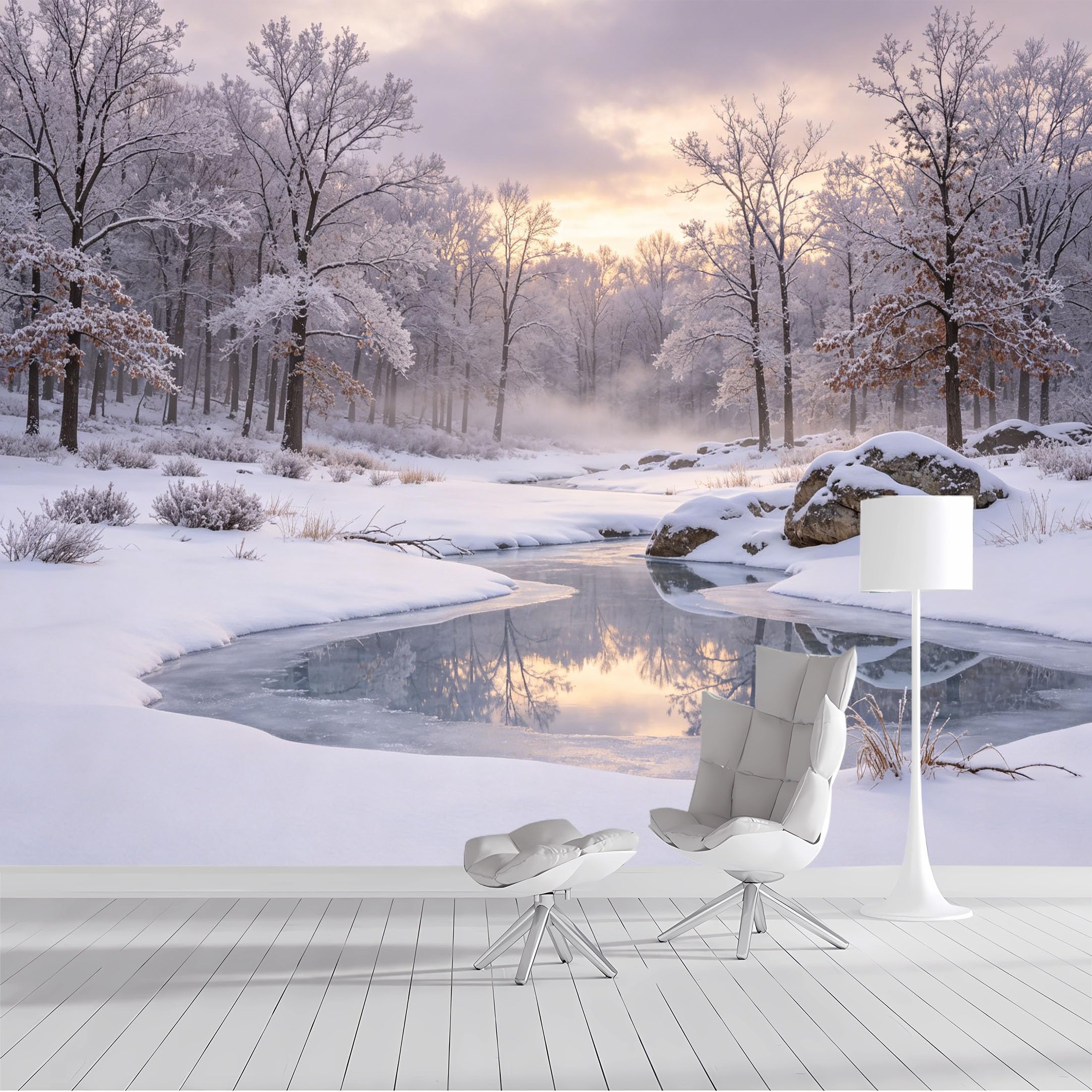 Custom Size Wall Mural Winter Landscape Frozen Creek Frosty Trees Snow Covered Forest Panoramic View SelfAdhesive Wall Fabric Removable Wallpaper for Living Room Bedroom Bathroom