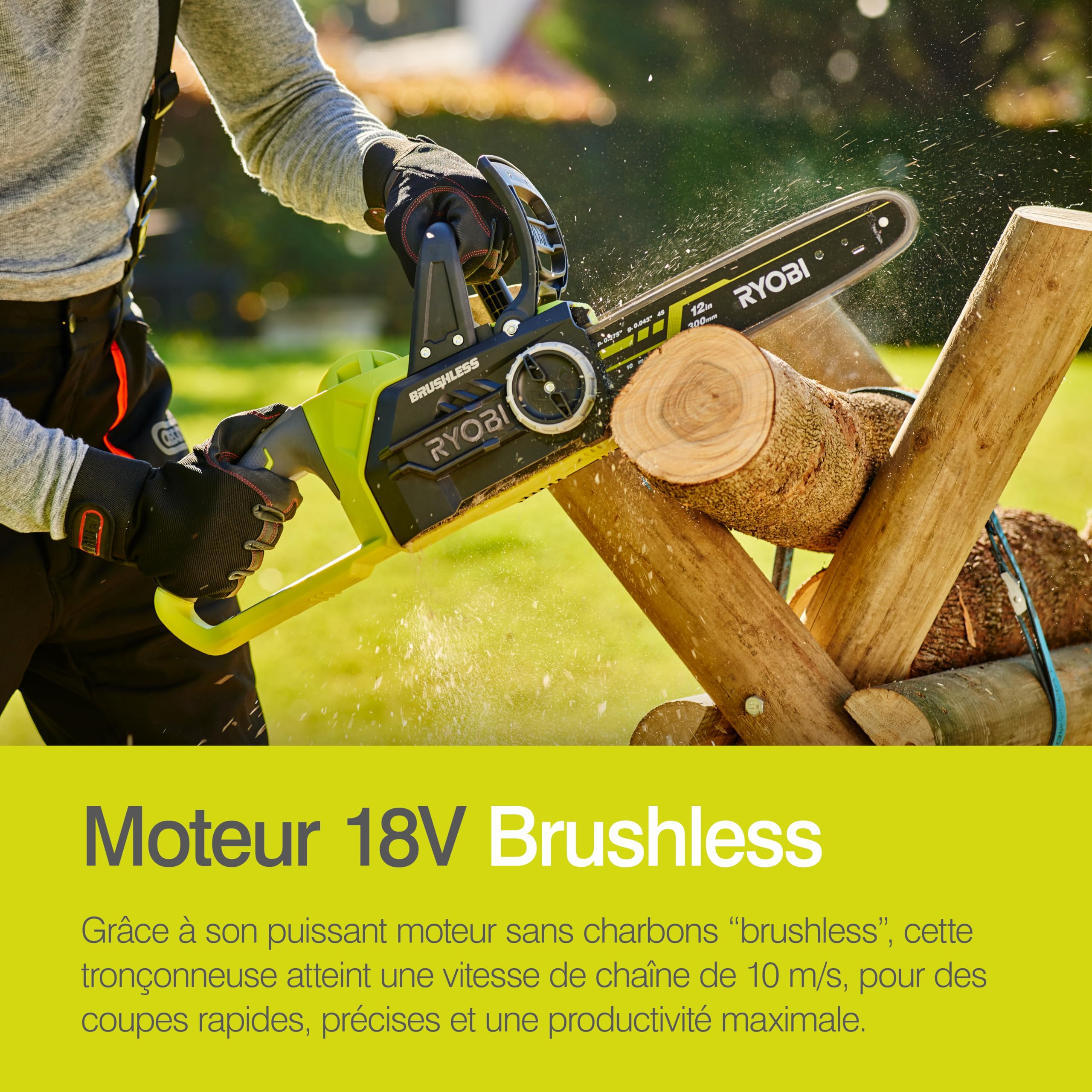 RYOBI - Tronçonneuse Sans Fil 18V ONE+ OCS1830 – Guide 30cm, Lubrification Automatique, Frein de Chaîne, Compacte - Taille Bois, Bûches et Branches – Batterie Non Incluse
