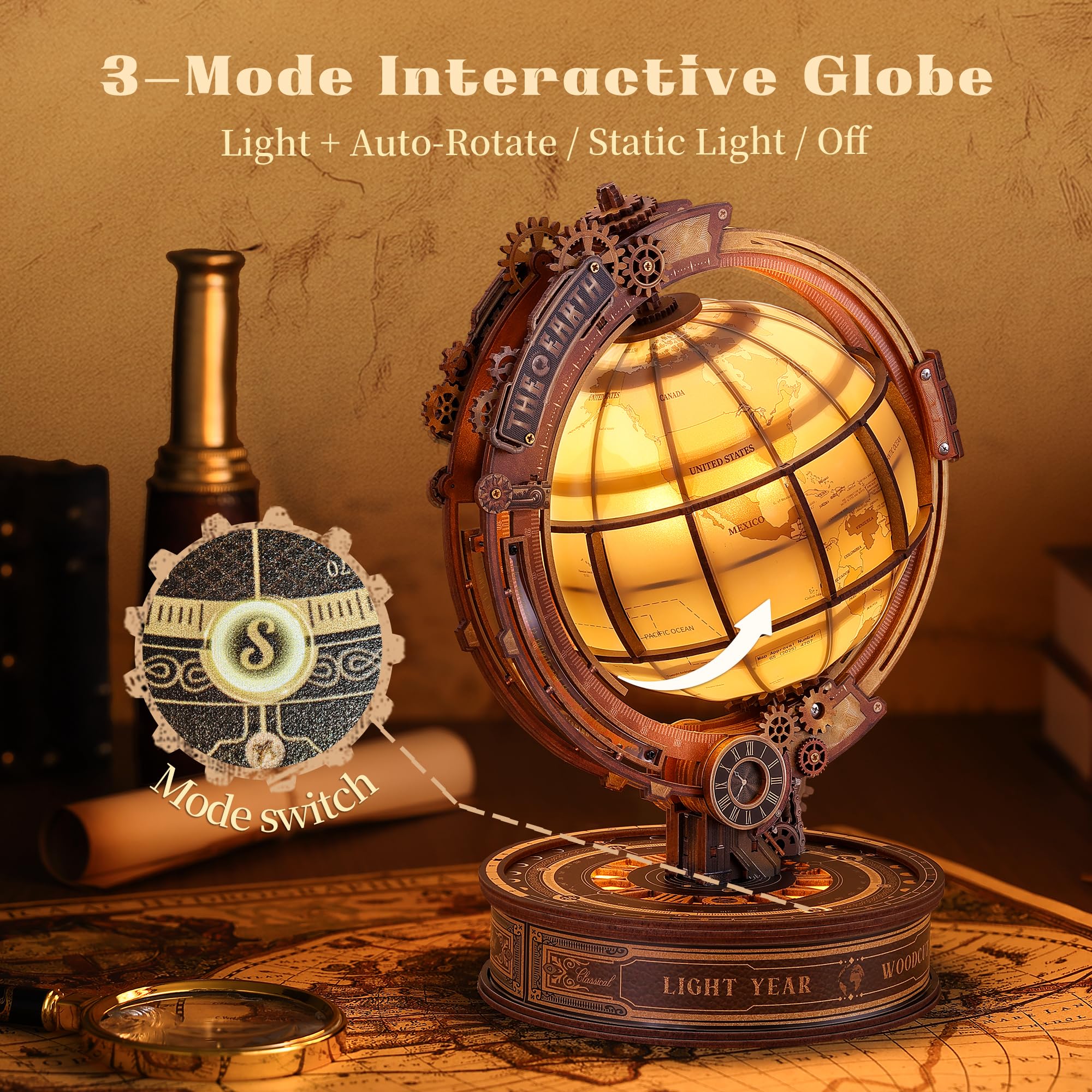 FUNPOLA 3D Holzpuzzle Star Orbit Globe, LED Steampunk Globus Bausatz mit Rotierender Weltkarte, Mechanisches DIY Modell, Vintage Deko Geschenk für Erwachsene (14+)