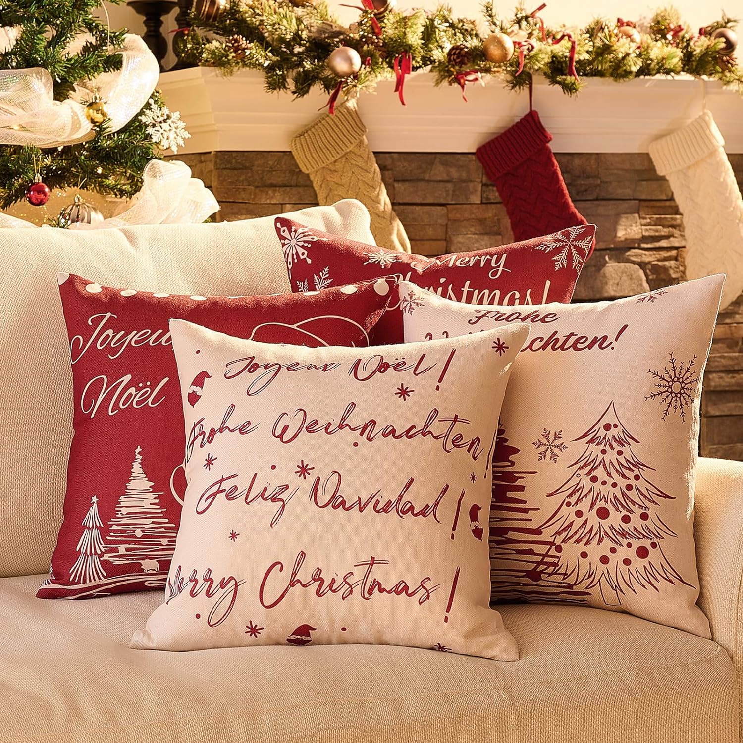 Topfinel Cushion Covers 45 x 45 Red Xmas Cushion Covers Christmas Design 18x18 Sofa Pillow Cases