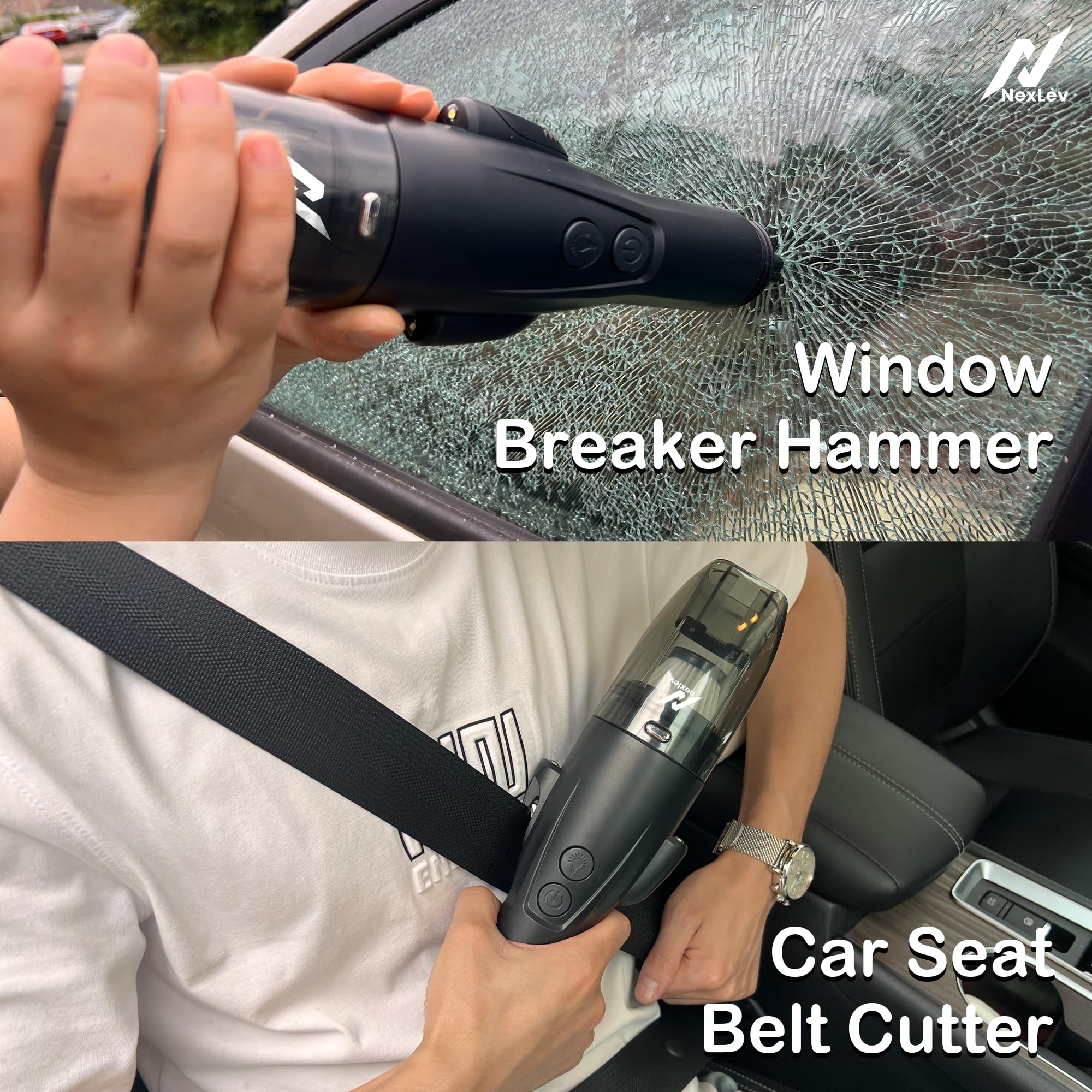 nexlev Vacuum Cleaner for Car Use | 4000 mAh High Power Suction Portable Car Vacuum Cleaner with Copper Motor, LED Torch, Seat Belt Cutter & Window Breaker Emergency Escape Tool, Type-C | VC-03 1