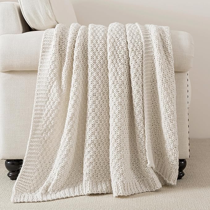 WDCOZY Chunky Cable Knit Throw Blanket Super Soft Warm Knitted Throw Blanket for Couch, Sofa, Chair, Bed Lightweight Breathable Cozy Comfortable Home Decorative Ivory Cream White 60x80 Inches