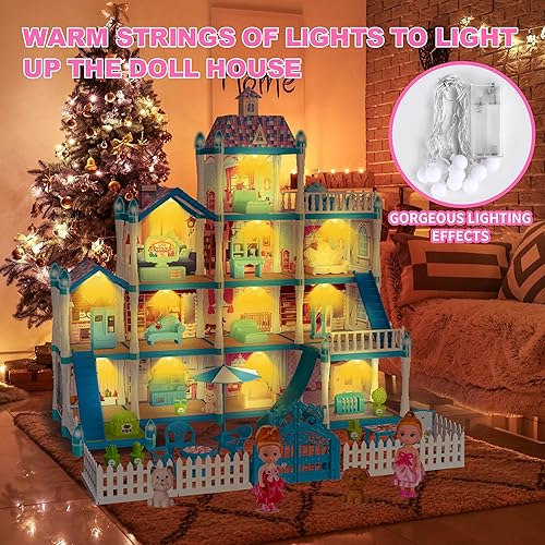 Miniatura 6 de Casa de Muñecas OCTERIC para Niñas, Casa de Muñecas de 13 Habitaciones con 2 Muñecas, Luces, Figuras, Cachorros, Muebles, Accesorios, Juguetes de