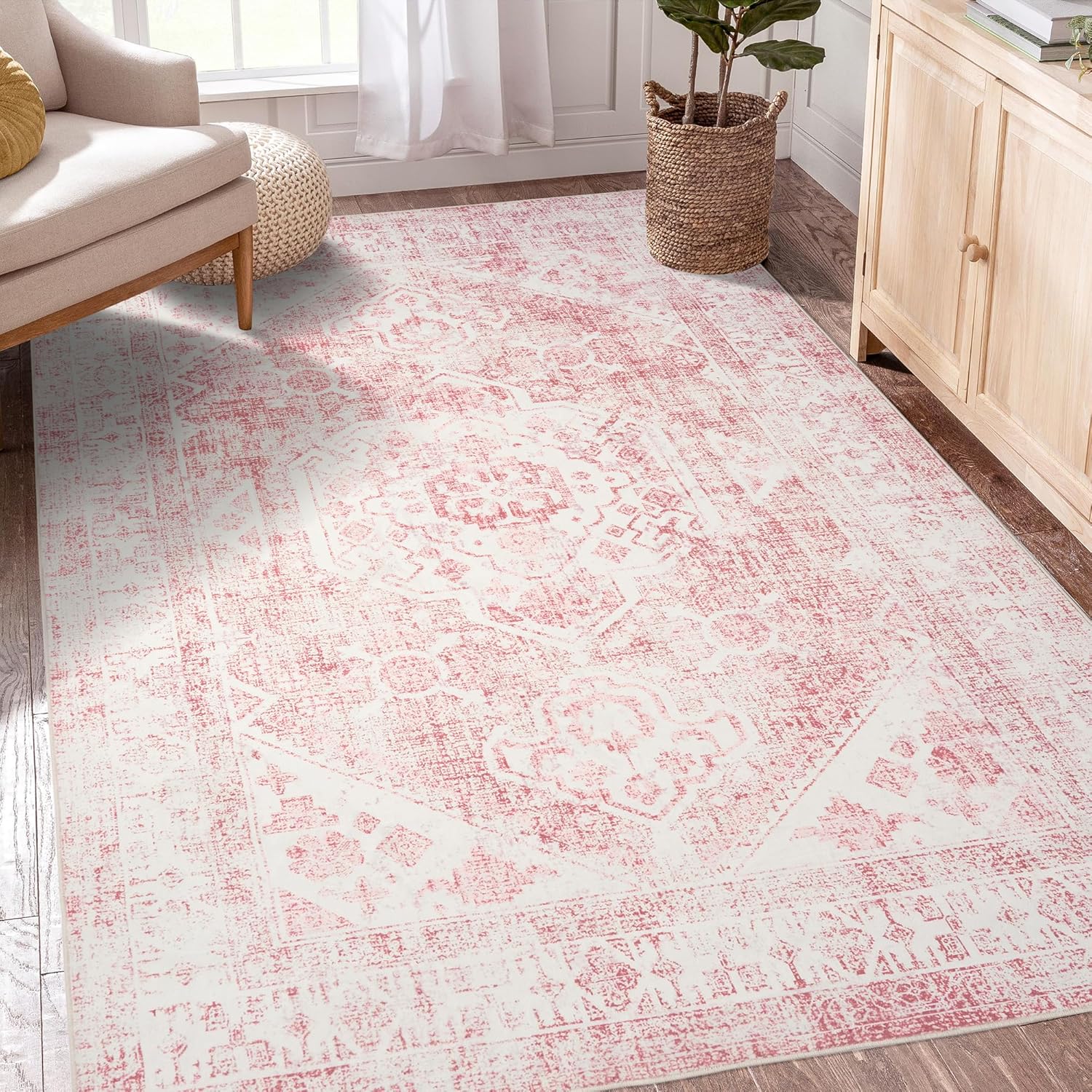 Meiliweser Area Rug - 3x5 Washable Pink Rug Vintage Honeycomb Non Slip Retro Rugs Soft Faux Wool Carpet Foldable & Machine Washable Rugs for Living Room Bedroom Dining Room Kitchen