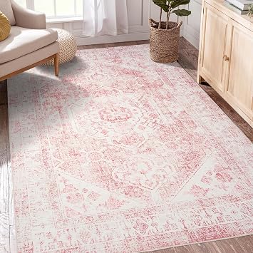 Sofrug 5x7 Washable Pink Area Rug, Upgraded Denser Surface Vintage Rugs, Honeycomb Non-Slip Backing Living Room Rug, Easy Care Foldable Rugs for Living Room Bedroom Kitchen Dinning Room Home Office