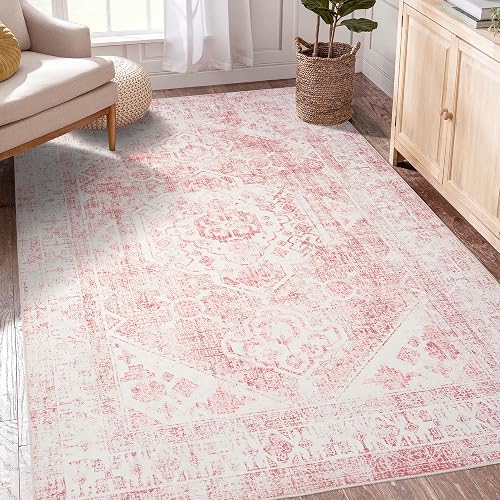 3x5 Washable Pink Area Rug, Upgraded Denser Surface Vintage Rugs, Honeycomb Non-Slip Backing Living Room Rug, Easy Care Foldable Rugs for Living Room Bedroom Kitchen Dinning Room Home Office