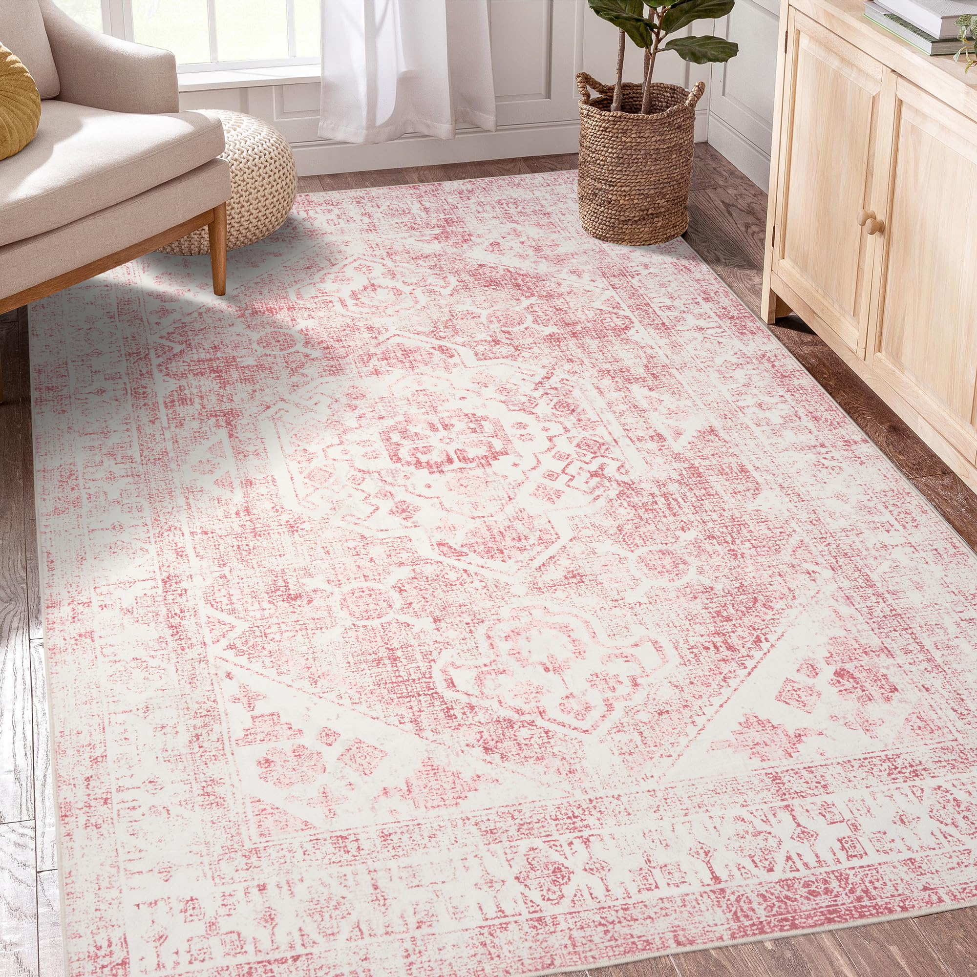 3x5 Washable Pink Area Rug, Upgraded Denser Surface Vintage Rugs, Honeycomb Non-Slip Backing Living Room Rug, Easy Care Foldable Rugs for Living Room