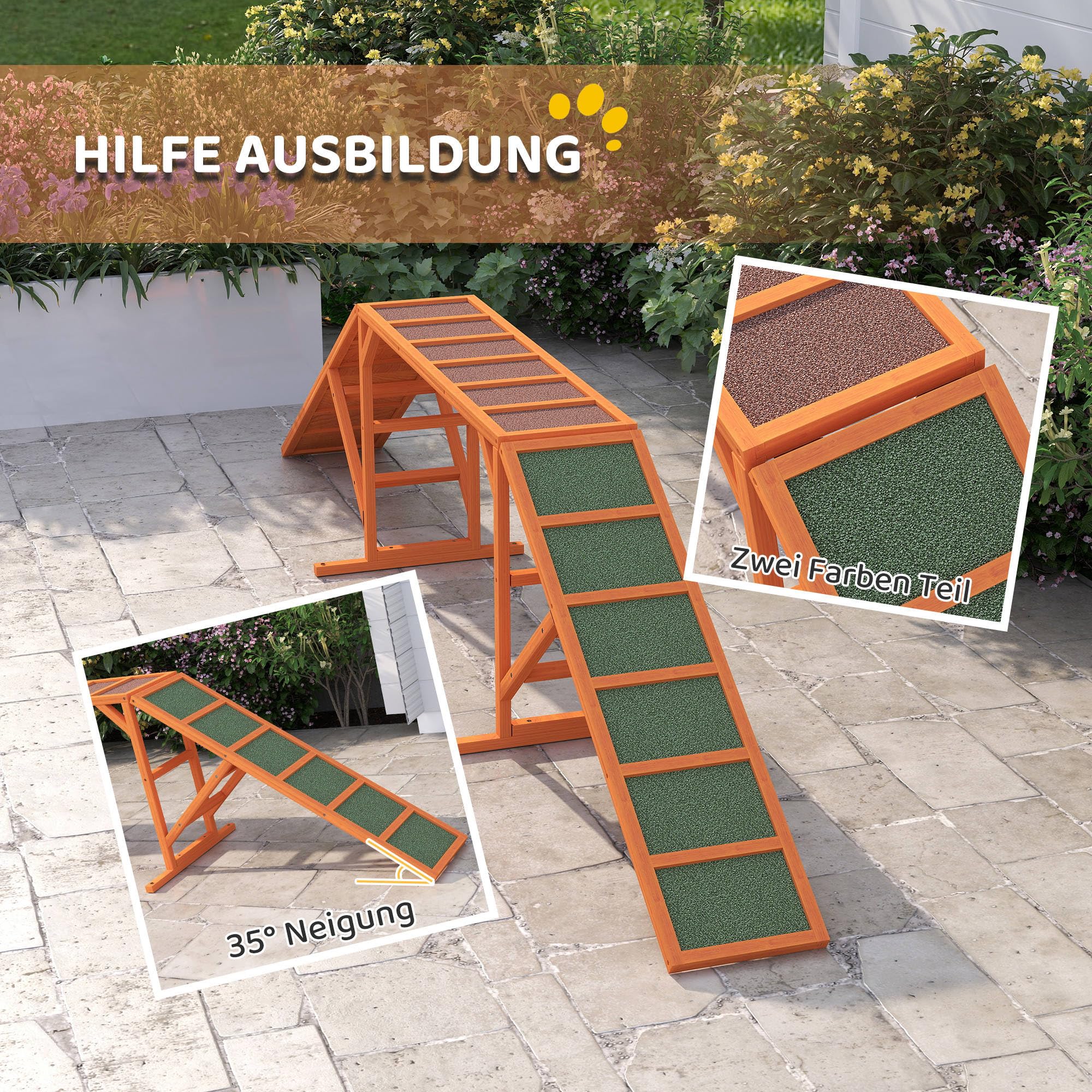 PawHut Hunde Agility Steg Agility-Ausrüstung für Hunde mit Sicherheitsstange Rutschfester Oberfläche wetterfest Agility-Gerät als Laufsteg & Trainingsequipment bis 40 kg für Garten 335x55x60cm Orange