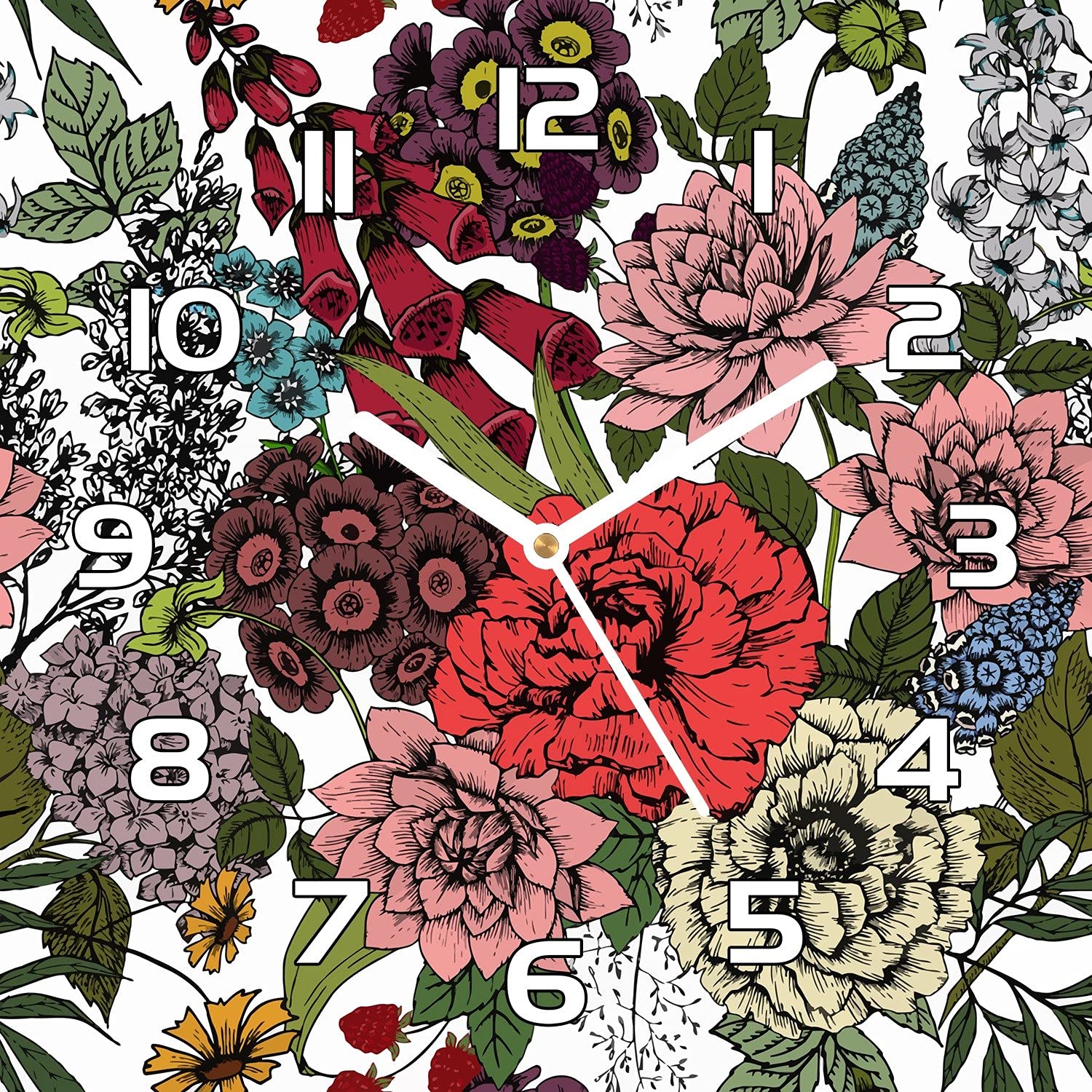 Horloge moderne en verre cuisine salon murale motif fleurs roses vintage 30x30 cm