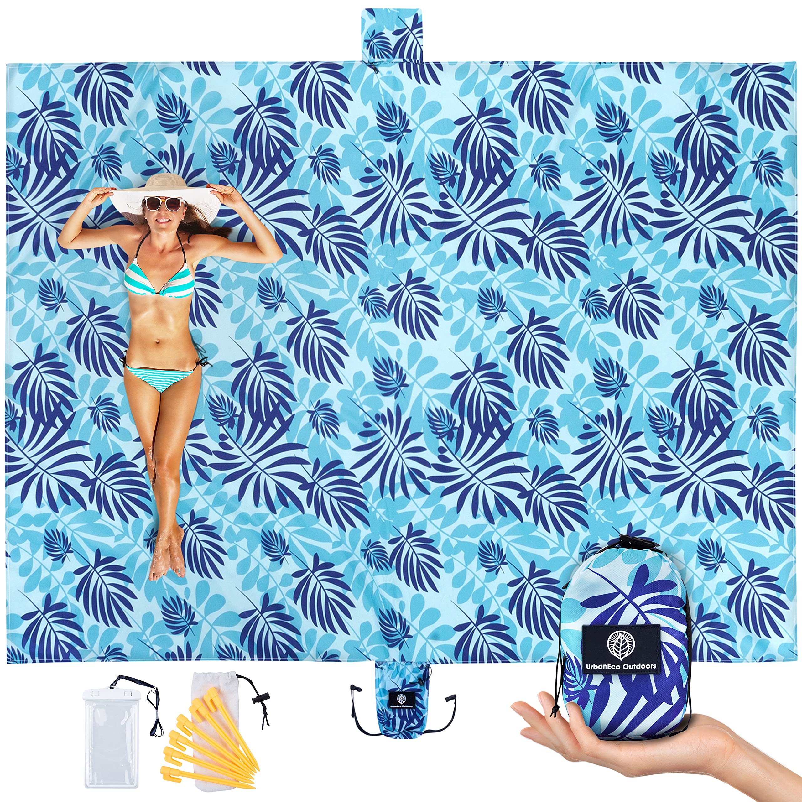 URBANECO OUTDOORSSand Free Beach Blanket - Oversized 107" x 77" - Waterproof Sandproof - Double Anchored Picnic Mat, Extra Large Sand Beach Blankets, with 6 Stakes in Accessories Pouch