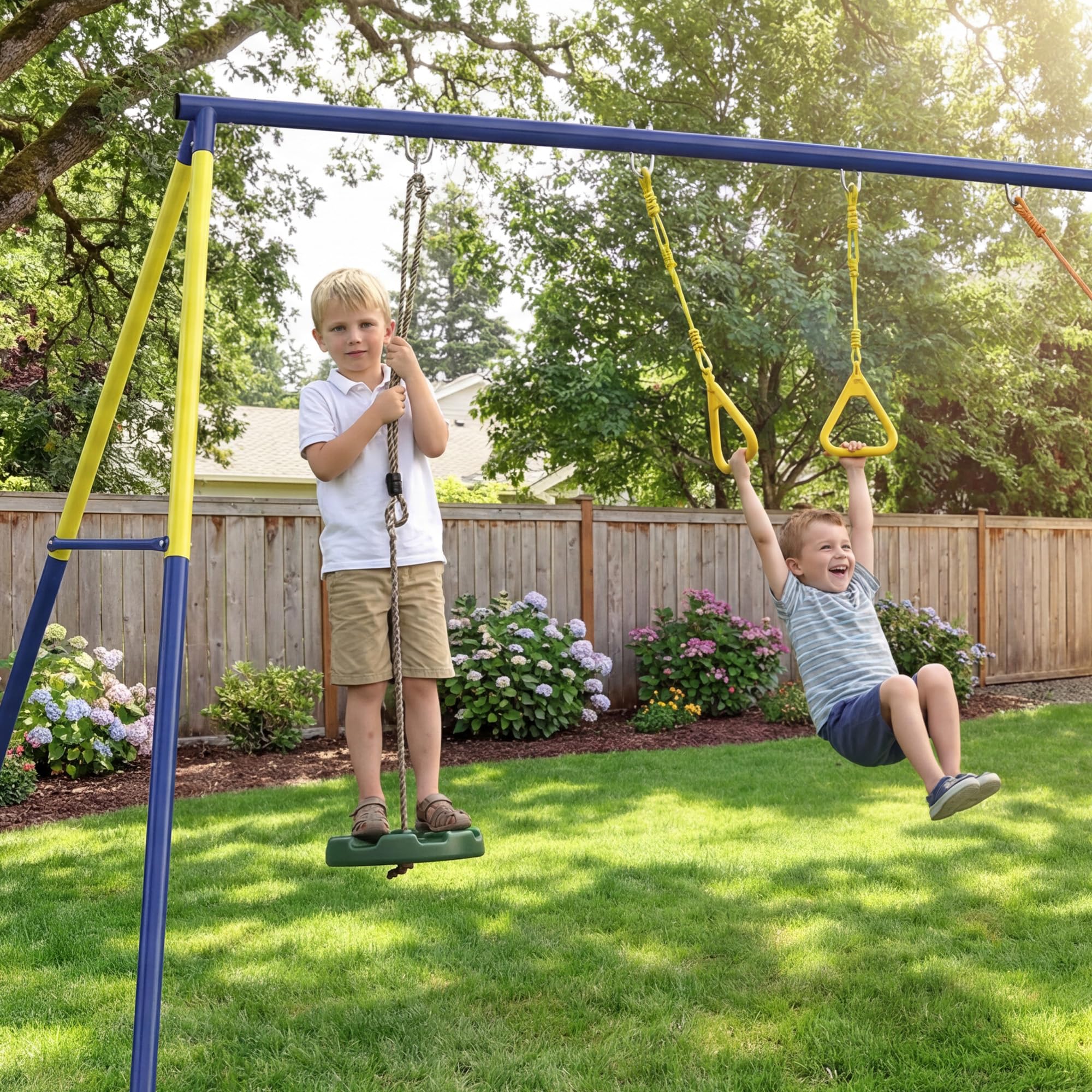 AIYAPLAY Set Altalena da Giardino 3 in 1 per Bambini con Altalena in Piedi, Anelli da Ginnastica, Telaio A in Acciaio, Altalene Doppie per Bambini, Capacità 150kg, Esterno, 3-8 Anni, 285x160x181 cm