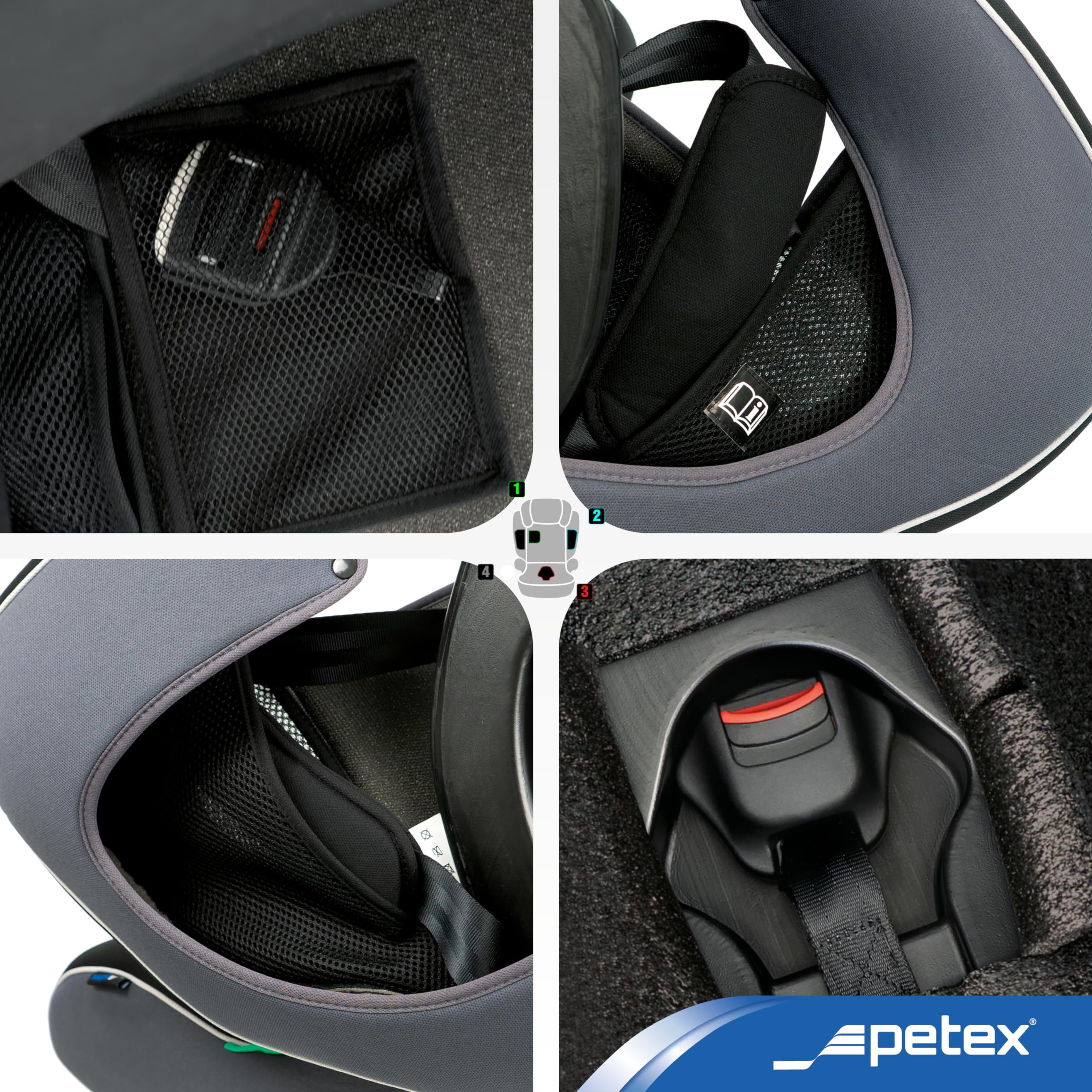 PETEX Fotelik samochodowy dla dzieci z ISOFIX – Supreme Plus i-Size norma ECE R129 dla dzieci w wieku od ok. 76 – 150 cm, fotelik samochodowy z regulacją wysokości w kolorze czarnym, 1 sztuka