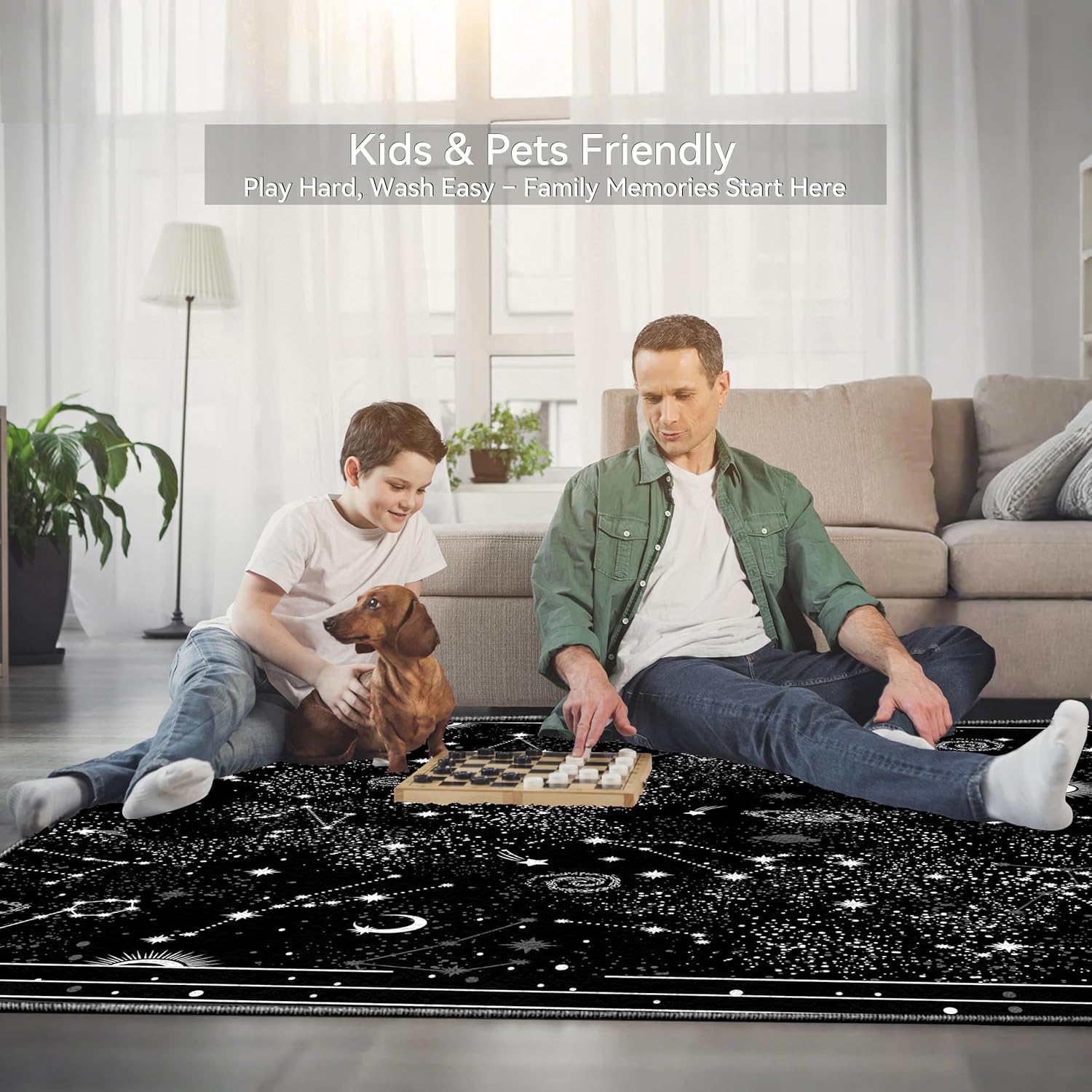 Celestial Starry Night Sky Area Rug 8x10 - Black Gothic Constellation Carpet with Moon Phases & Nebulas, Soft Machine Washable Non-Slip Rug for Dark Academia, Witchy Bedroom, Cosy Living Room