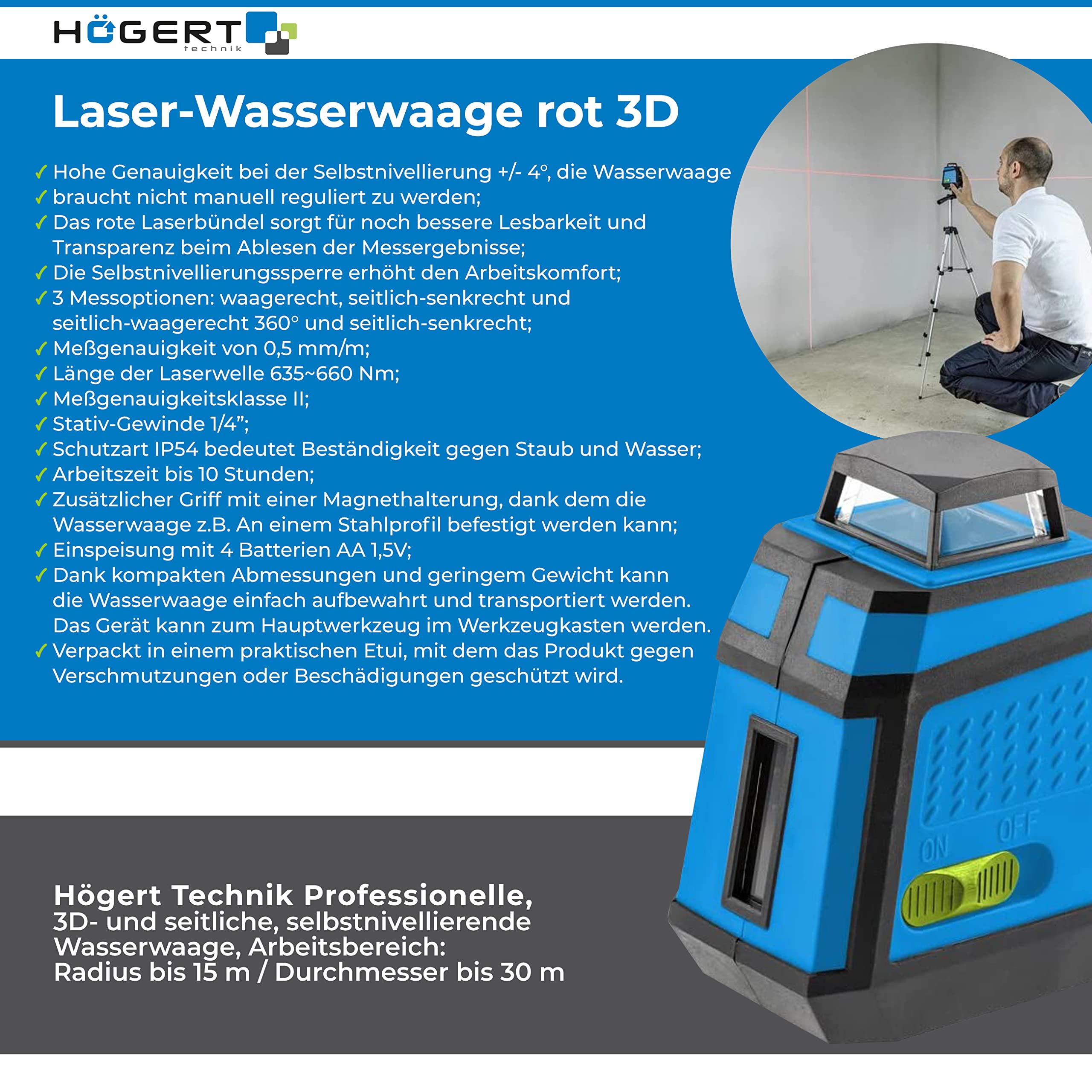 Högert Technik Livella a bolla professionale 3D e laterale, autolivellante, area di lavoro: raggio fino a 15 m/diametro fino a 30 m HT4M072