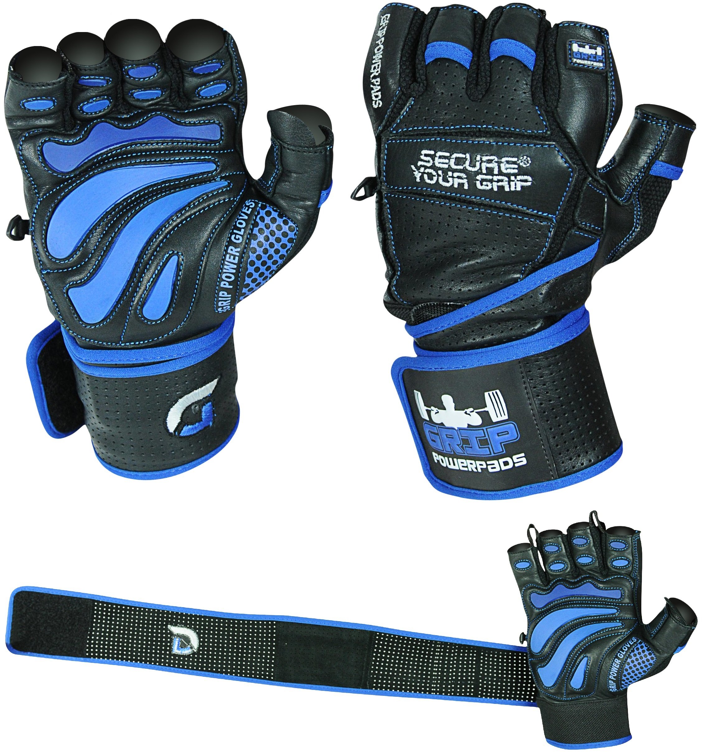Grip Power Pads Elite - Guanti da palestra in pelle con fasce da polso integrate da 5 cm, design in pelle per sollevamento pesi, sollevamento pesi, bodybuilding e allenamento di forza
