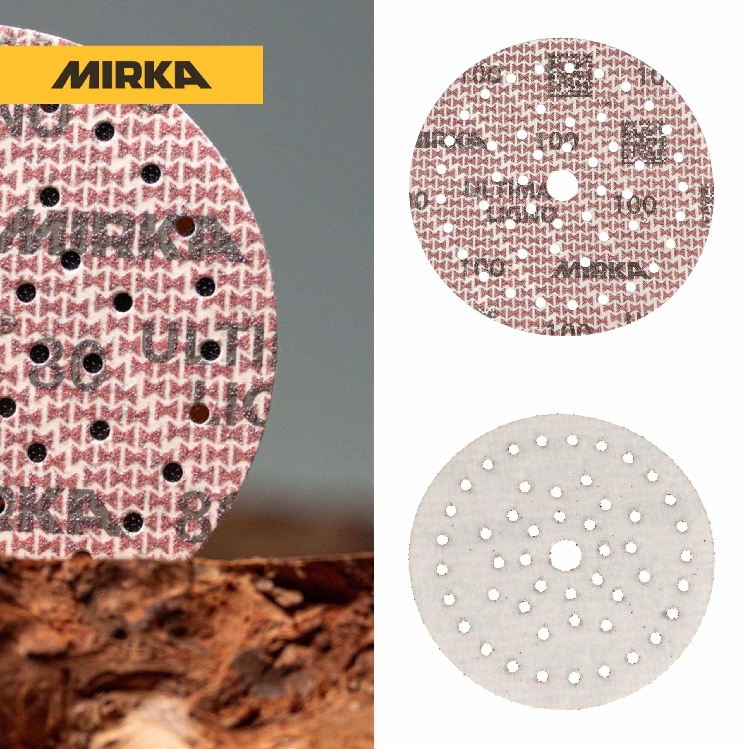 Mirka dischi abrasivi Ultimax Ligno Ø150 mm a strappo Multifit grana 100 | Dischi abrasivi a strappo Multifit grana 100 per levigatura legno alta efficienza e durata ottimale