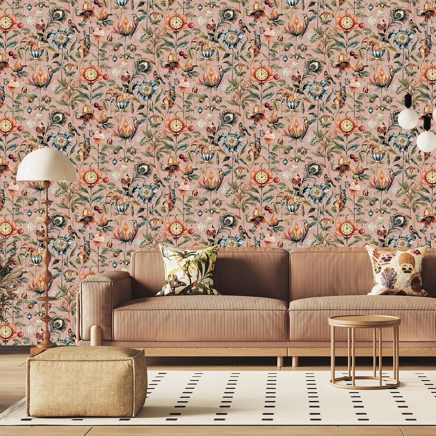 World of Wallpaper Curious Creatures Quirky Animal Themed Wallpaper with Lush Drawn Plants for Feature Walls, Bedrooms, Living Rooms, Cloakrooms in Blush Pink 50471