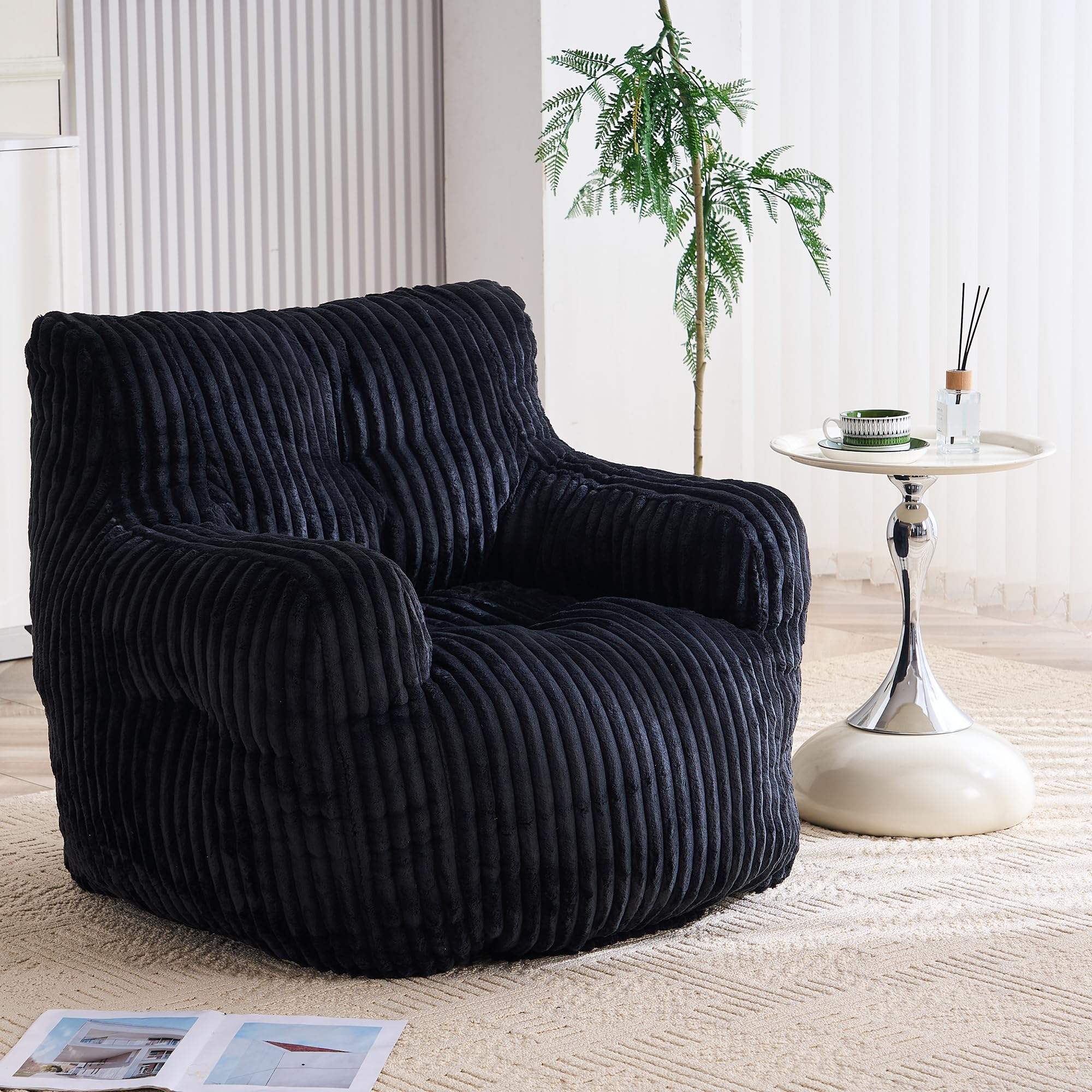 HommooBean Bag Chair with Filling BeanBag for Adults with Armrest Comfy Corduroy Fabric Lounge Lazy Floor Chair with Memory Foam Filler Fluffy Bean Bag for Dorm Living Room Bedroom Black