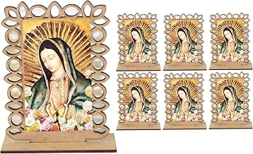 Ooki 6pc Wood w/ Stand Our Lady Guadalupe/ Virgen Mary/ Santa Maria/ Prayer Party Favor Centerpieces for Baptism, First Communion, Wedding Table Decorations, Centros De Mesa Para, Bautizo