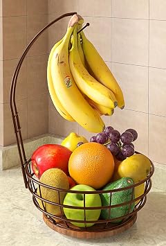 360 Rotating Fruit Bowl for Kitchen Counter with Banana Holder, Brown