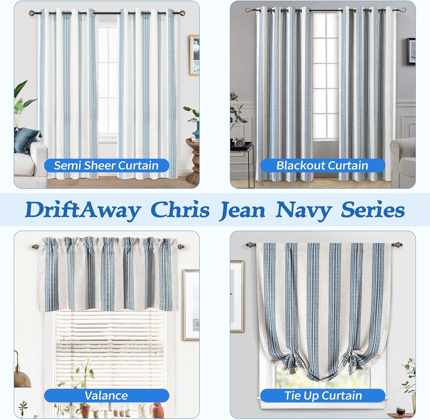 DriftAway Chris Linen Lined Valance Double Layer Thermal Insulated Room Darkening Blackout Window Valances 3 Inch Rod Pocket Vertical Striped Kitchen Valance for Bathroom 52 Inch by 18 Inch Jean Navy