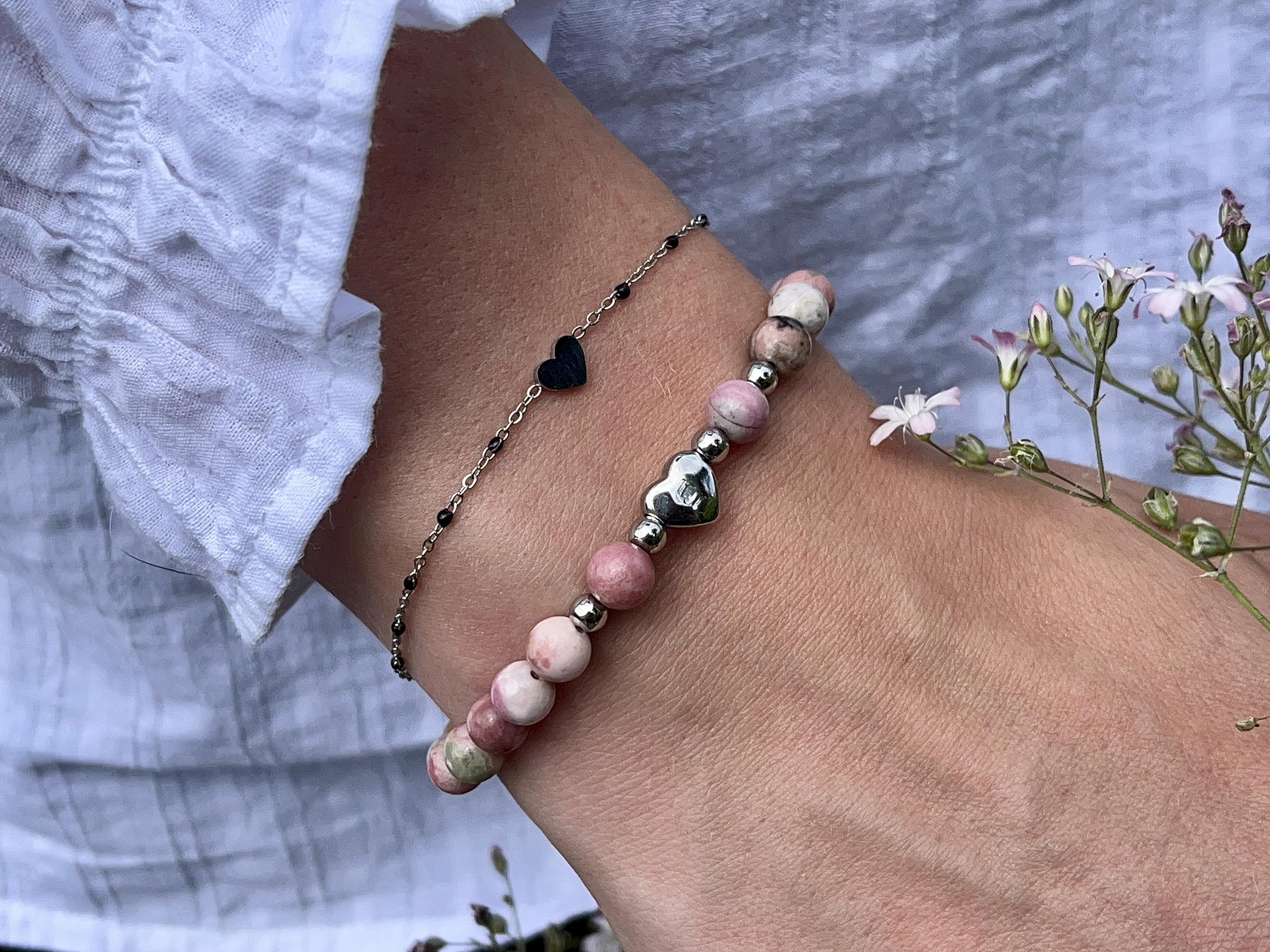 Rhodonit Armband Perlen echt 6mm Herz Edelstahl Silber Gold Roségold oder Ionisiert - Handmade Perlenarmband Verzeihen Begeisterung Optimismus - Spiritueller Schmuck Damen Mädchen